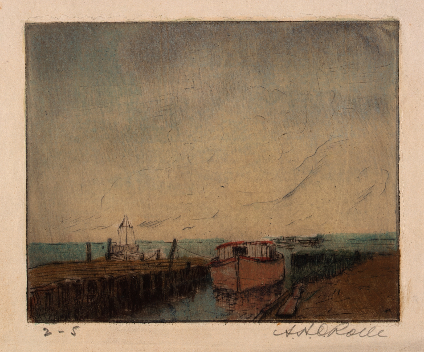 Boat Yard, Eastern Branch by A. H. O. Rolle, oil on canvas depicting a wooden boat and water reflections