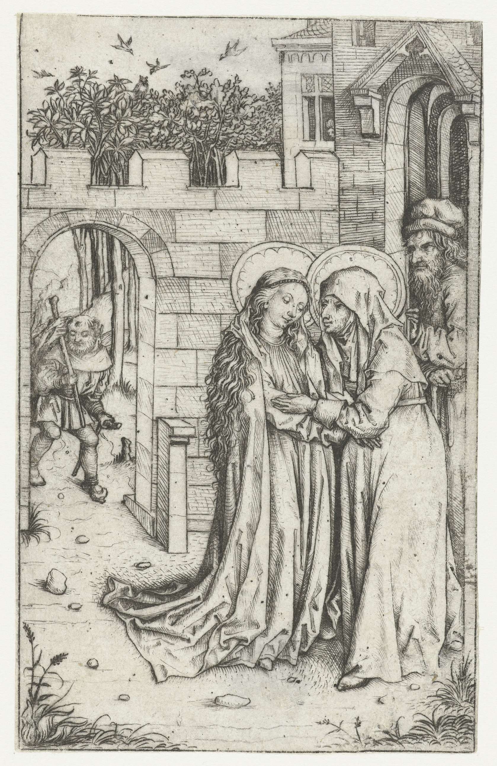 Drypoint by Meester van het Amsterdamse Kabinet depicting Mary and Elizabeth in a moment of intimacy