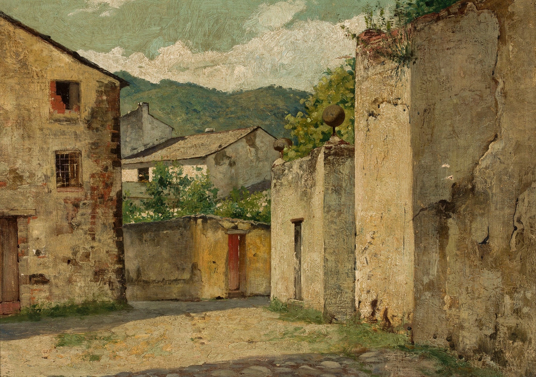 Landscape of Cassa by Curt Agthe, oil on canvas showing town and sea.