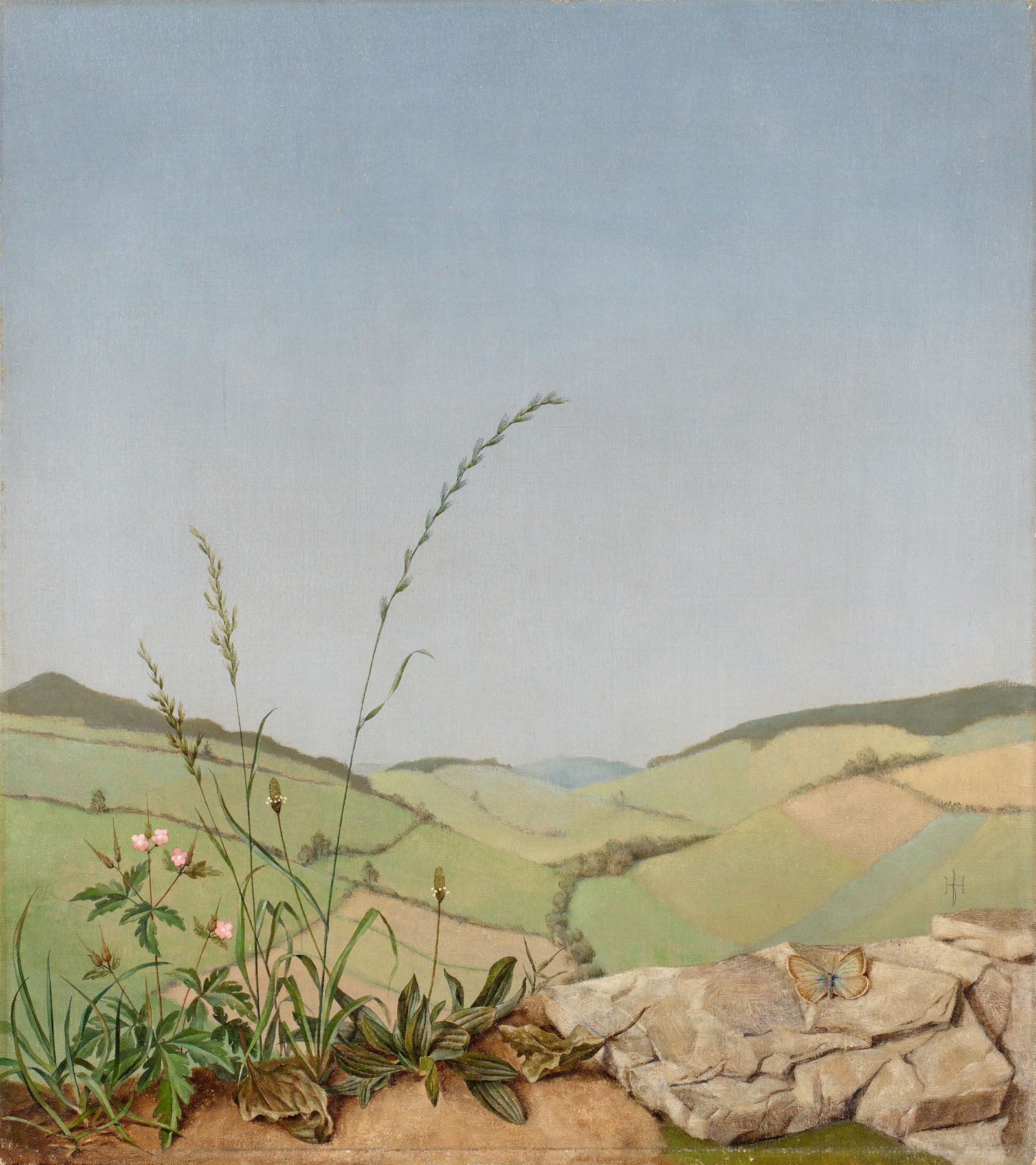 Landscape with lush meadows and hills, oil painting by Herbert Böttger