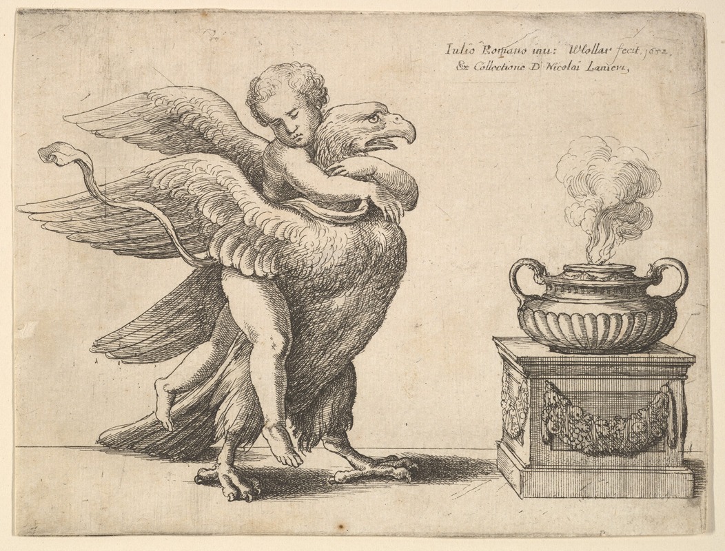 Cupid and an eagle by Wenceslaus Hollar depicts a playful scene with a cherubic figure and a majestic bird.