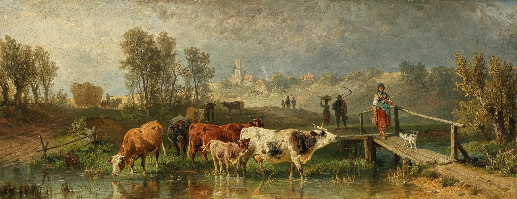 Returning from the Field, oil painting by Friedrich Voltz, depicting a peasant carrying a harvest near a village.