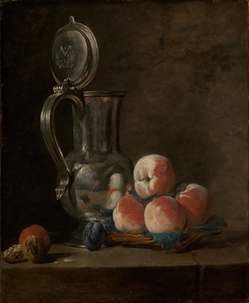 A still life painting featuring a pewter jug and peaches.