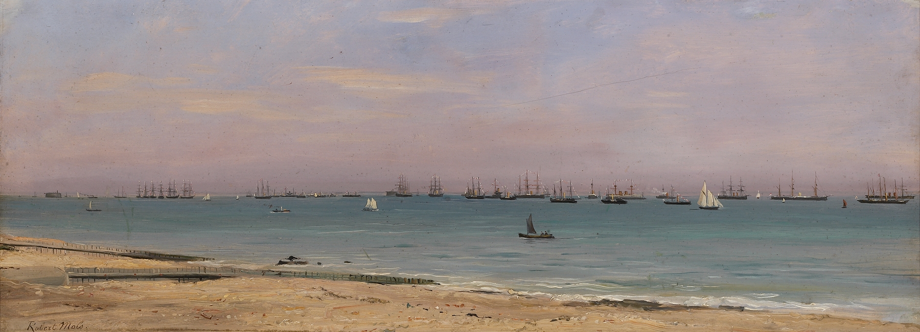 Vlootparade op de rede van Portsmouth by Robert Mols, oil on canvas depicting ships and sailors.
