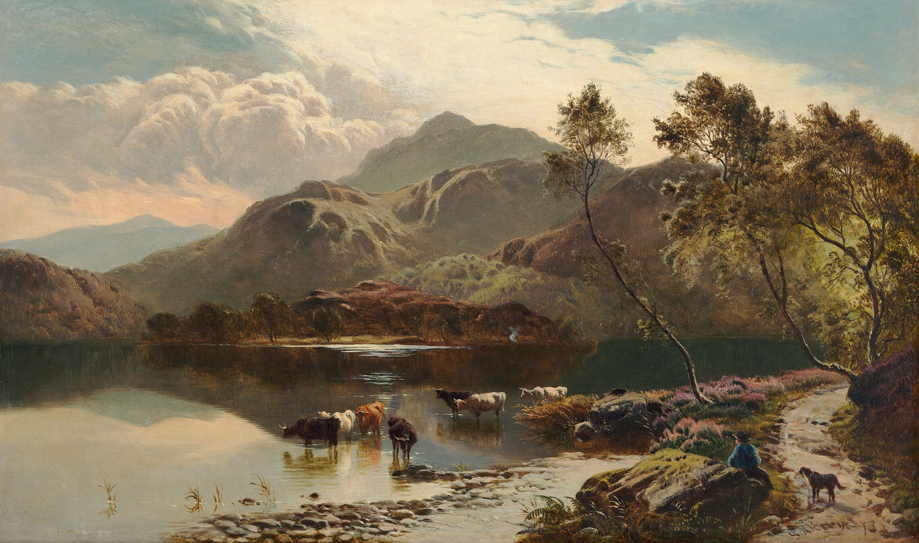 Loch Katrine by Sidney Richard Percy, oil painting of a serene landscape with water and sunset.