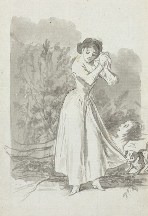 A young woman expresses grief over a man's lifeless body in Goya's painting.