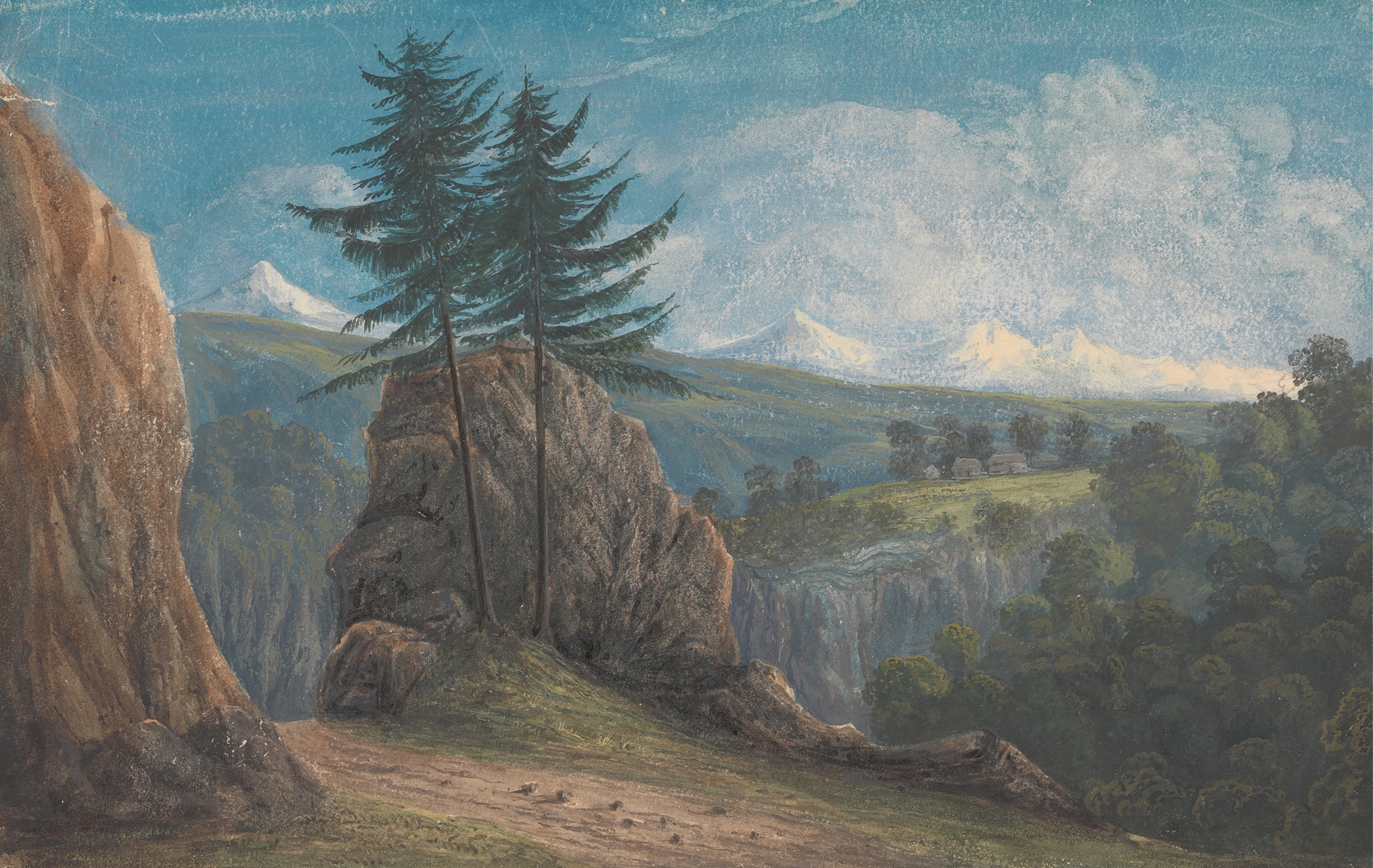 Watercolour on paper by Isaac Weld depicting mountains and a valley.