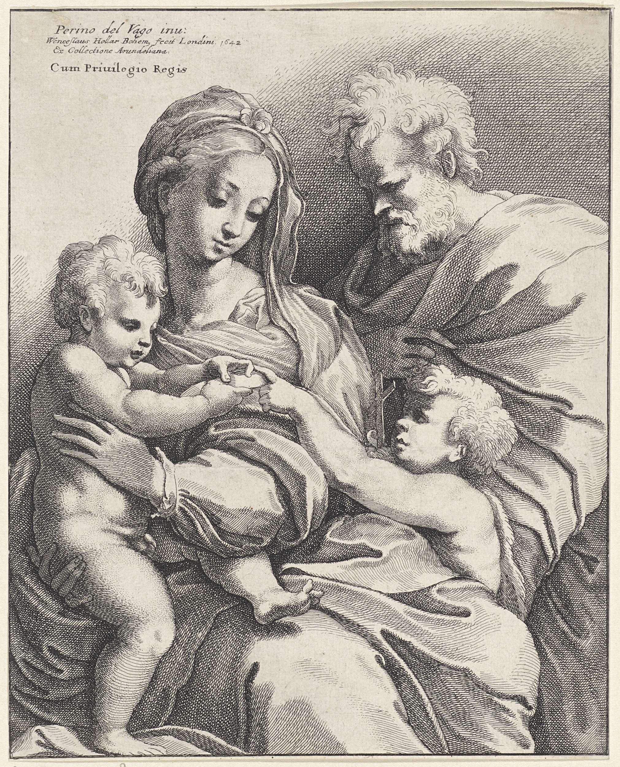 Heilige Familie met Johannes de Doper, etching by Wenceslaus Hollar, featuring Virgin Mary and infant Jesus.
