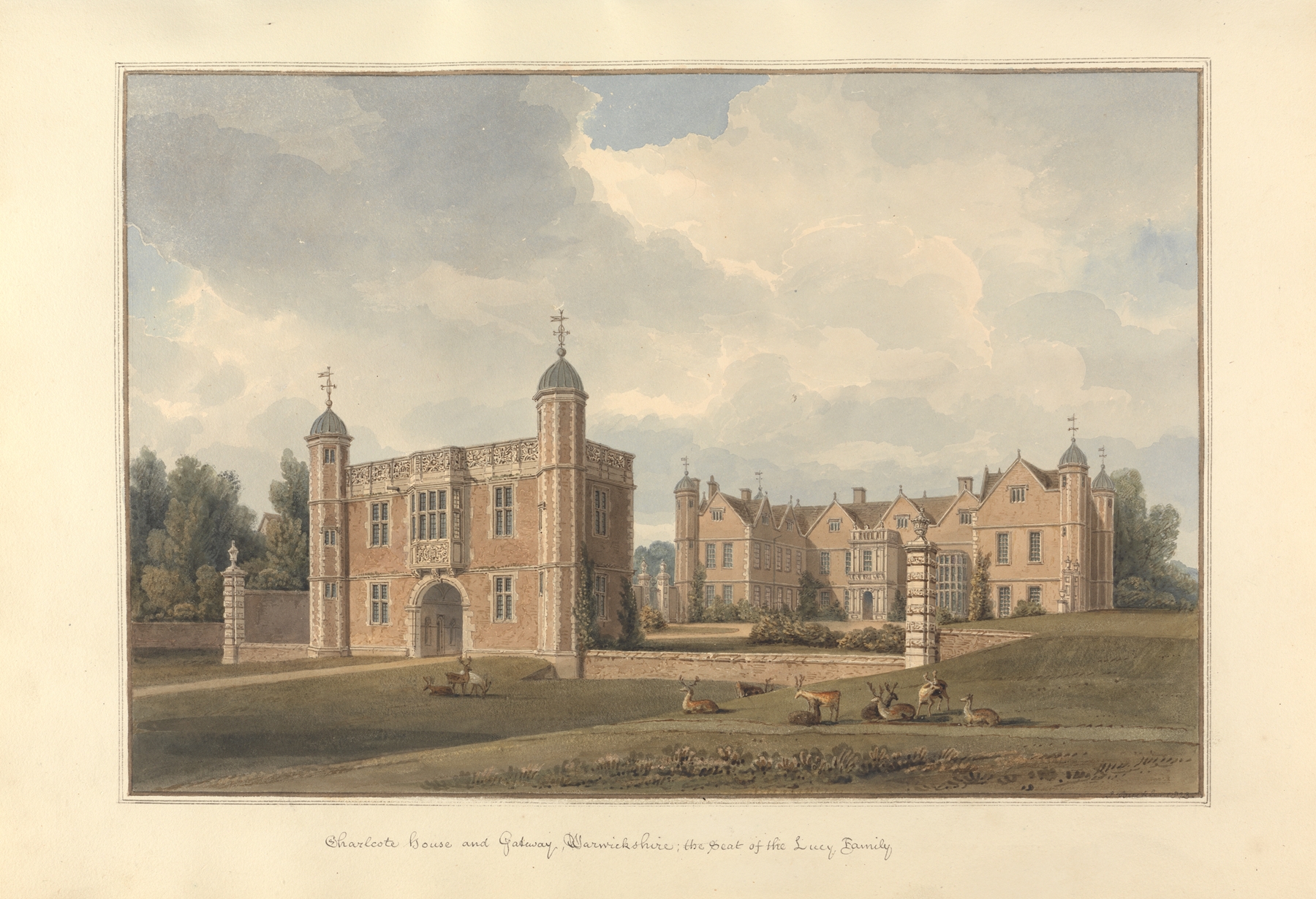 Charlcote House and Gateway, watercolor on paper by John Buckler