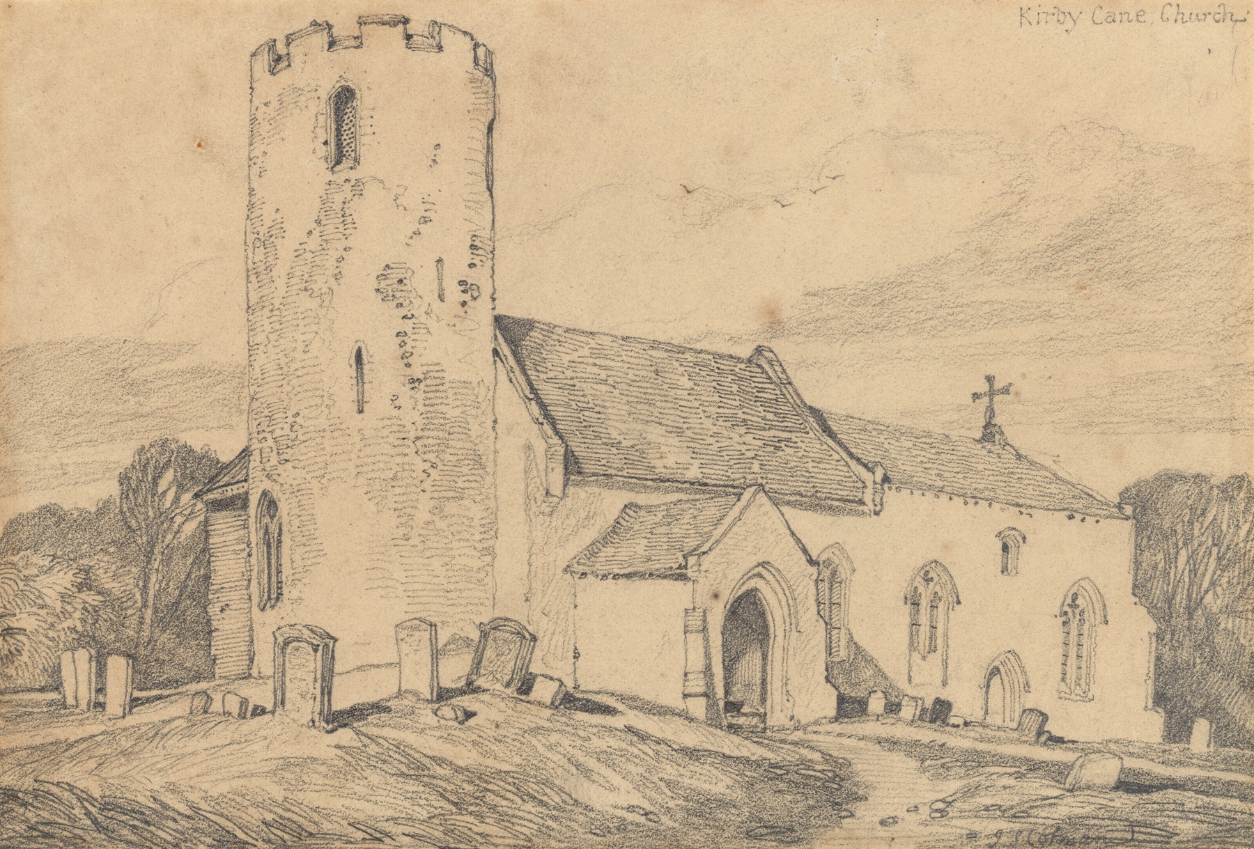 Kirby Cane church by John Sell Cotman, oil painting depicting a church in a tranquil landscape.