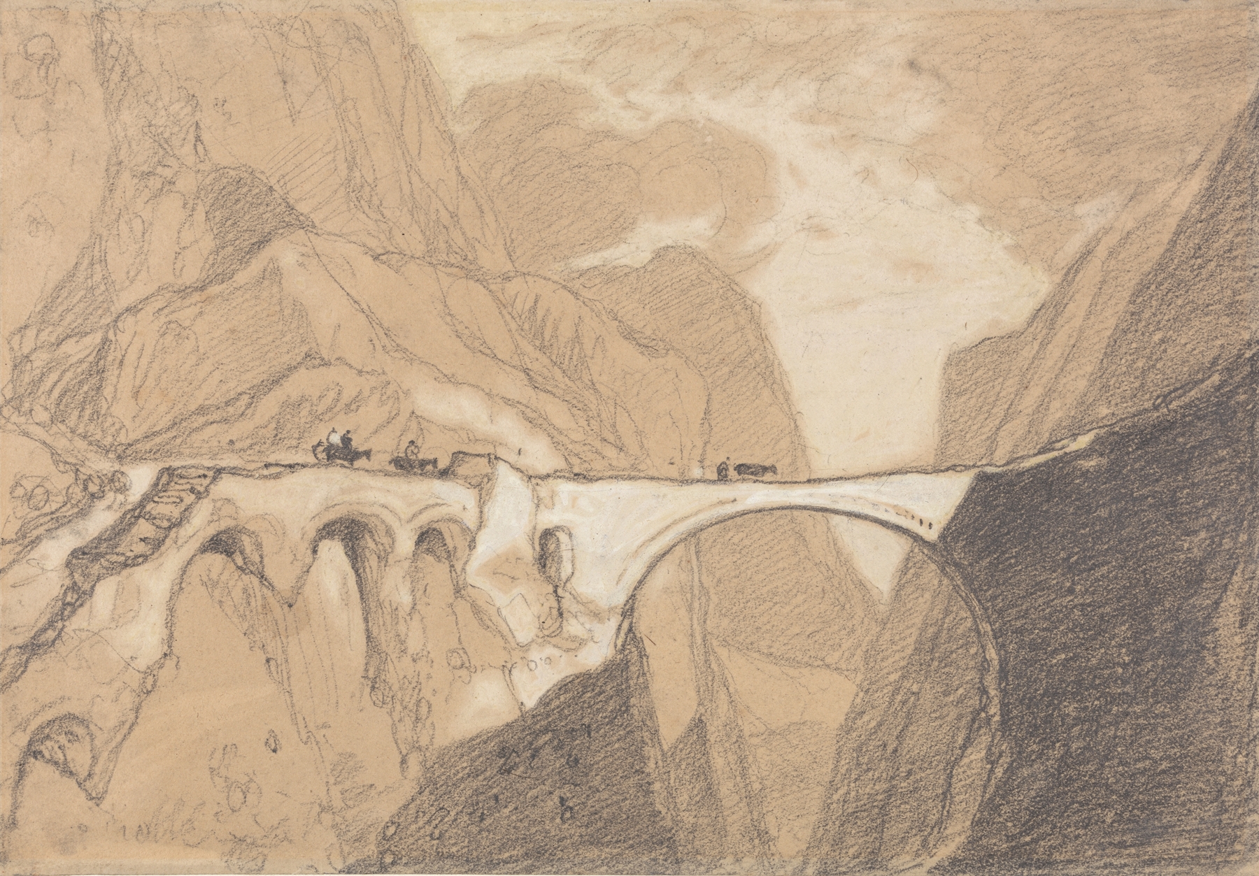 Travellers Crossing a Bridge over an Alpine Gorge, by John Sell Cotman, public domain