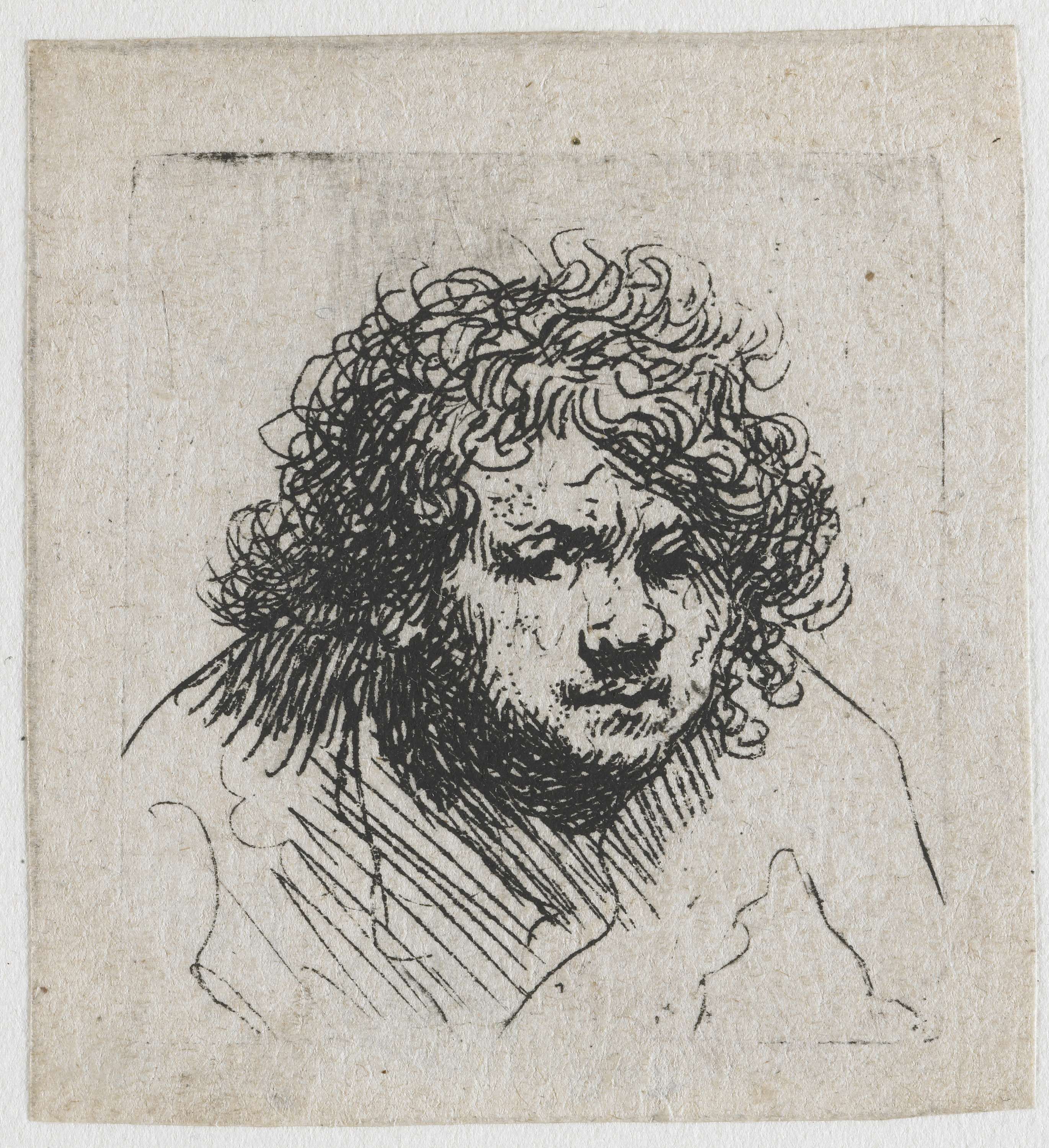 Self-portrait leaning forward: bust by Rembrandt van Rijn, etching showing intense eyes and light on the face.