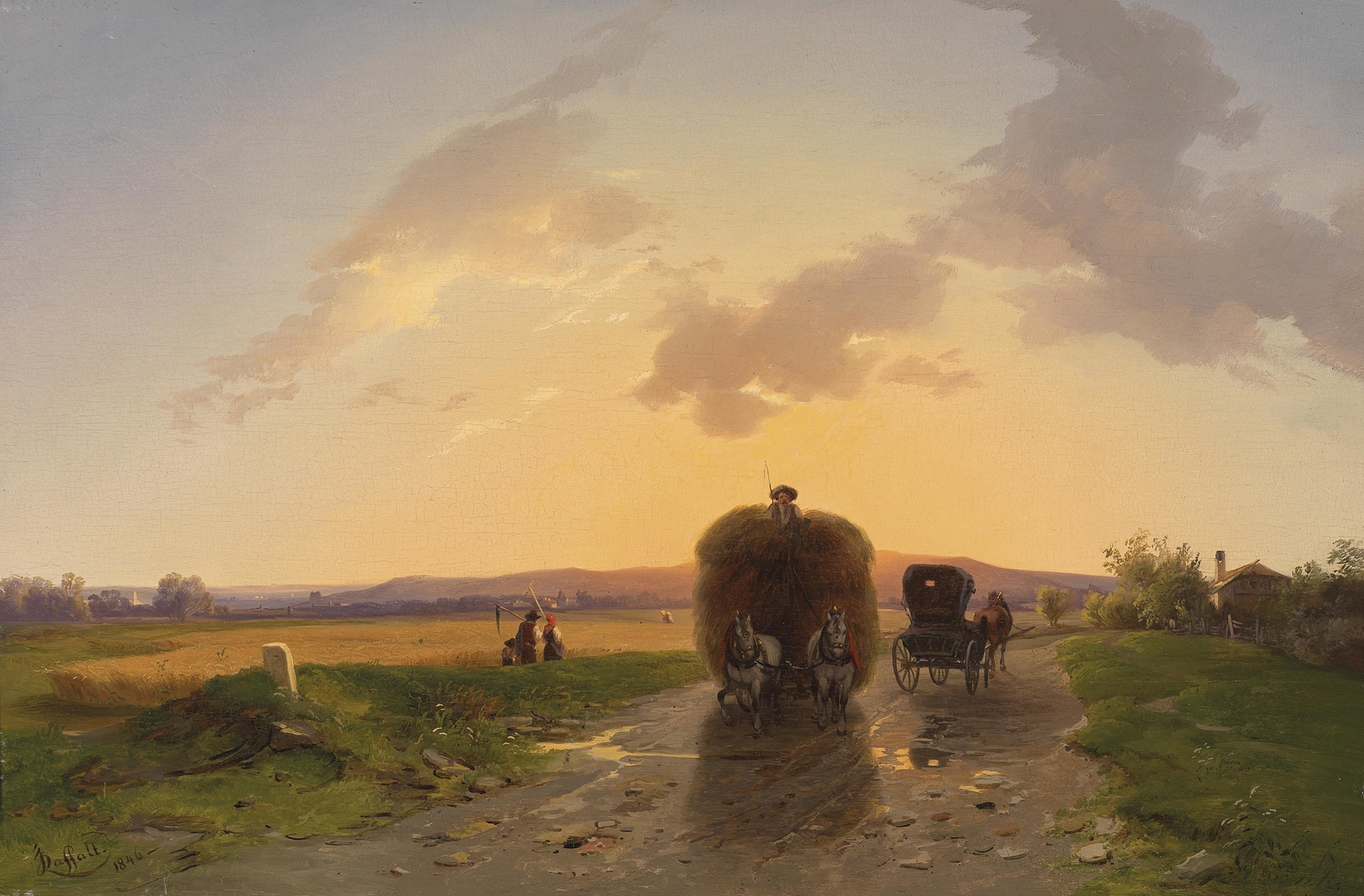 Landscape at sunset with figures returning from the field, oil painting by Ignaz Raffalt