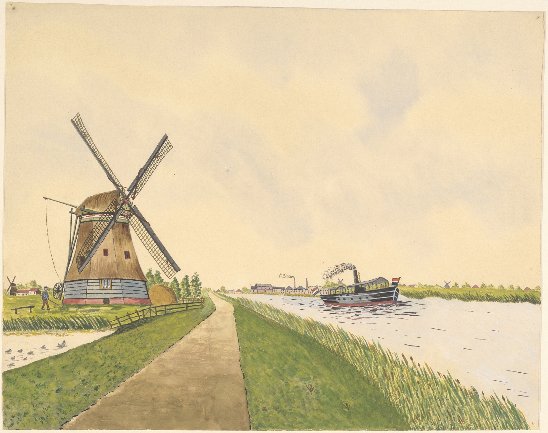 Landscape oil painting by Johannes Nicolaas Eijman featuring a watermill and steam boat.