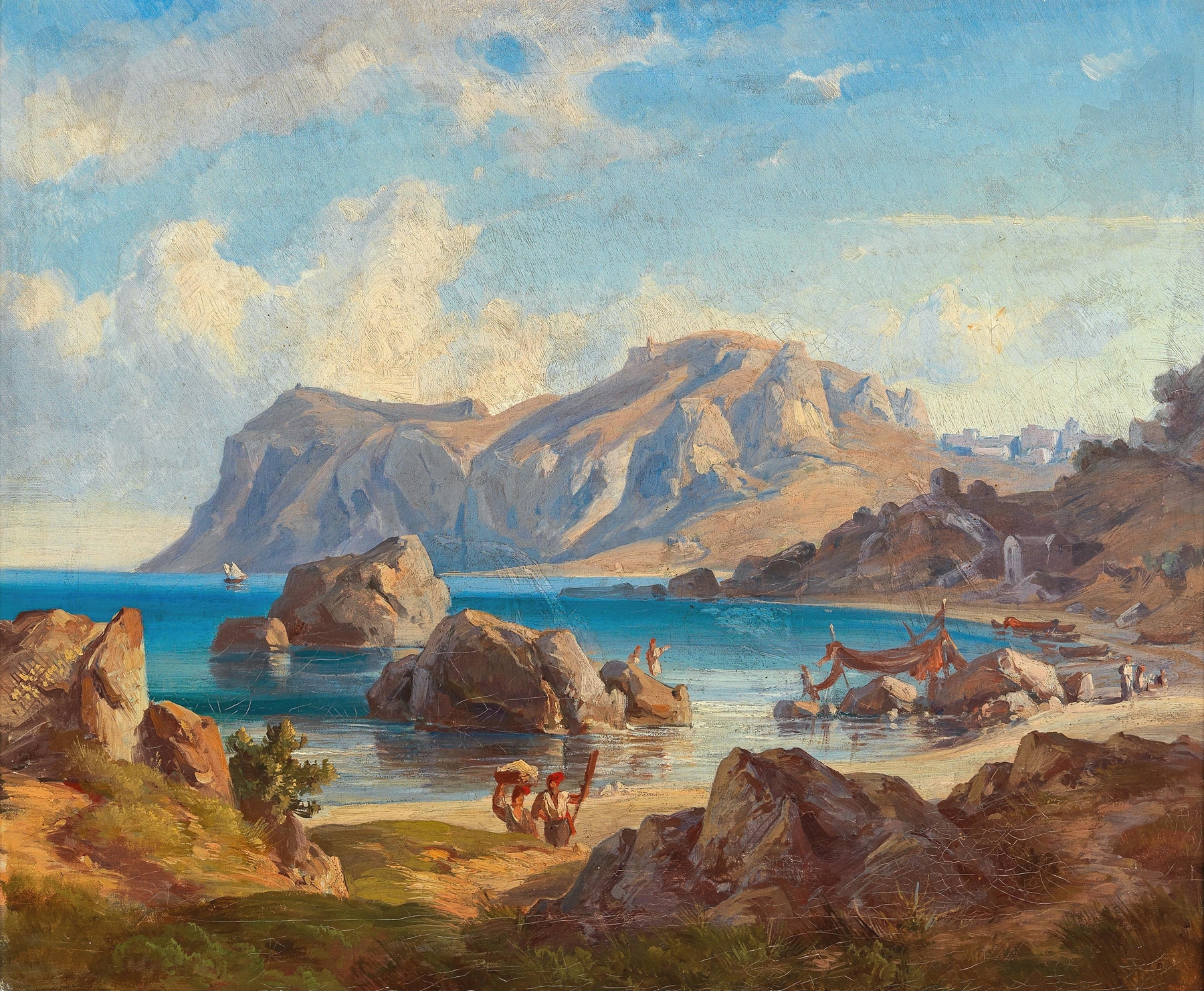 Landscape oil painting by Friedrich Preller The Younger depicting a tranquil bay under sunlight.