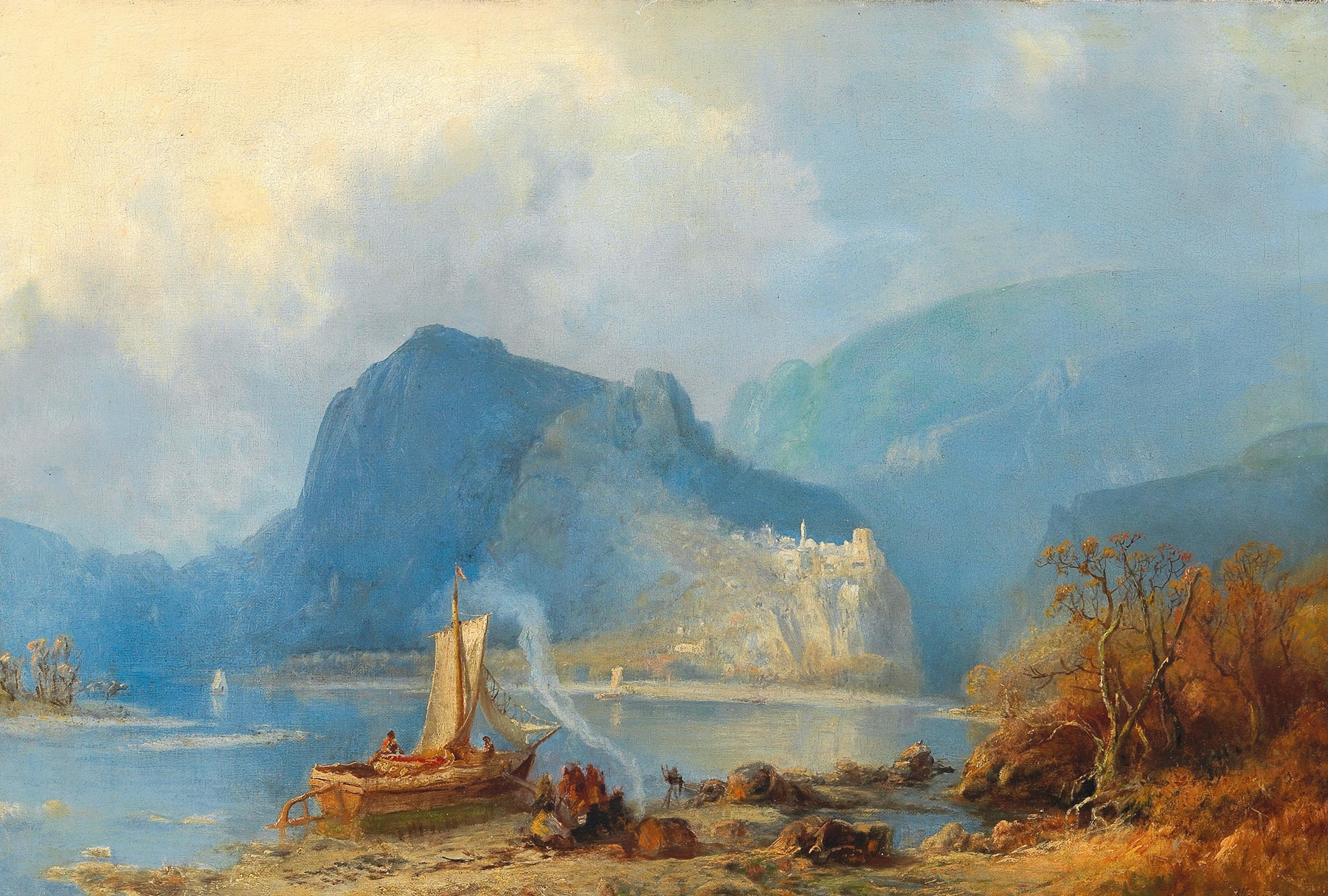Mountain lake in the Caucasus by Paul von Franken, oil painting depicting serene lake and mountains.