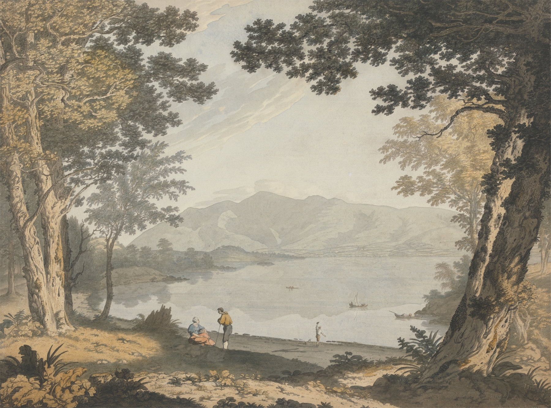 View of Skiddaw and Derwentwater by Joseph Farington, oil painting depicting a tranquil lake and mountains.