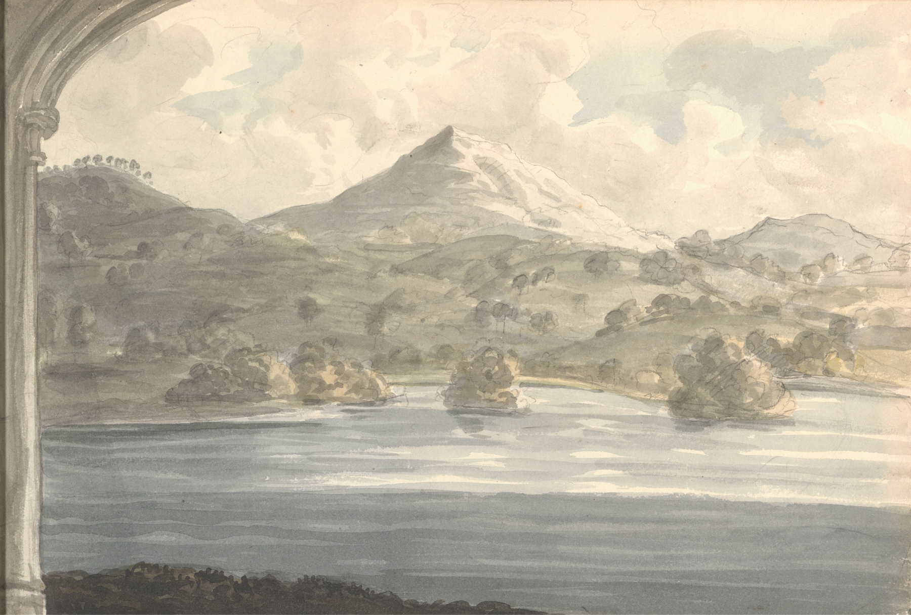 Watercolour by Anne Rushout depicting a landscape with trees and a castle at twilight.