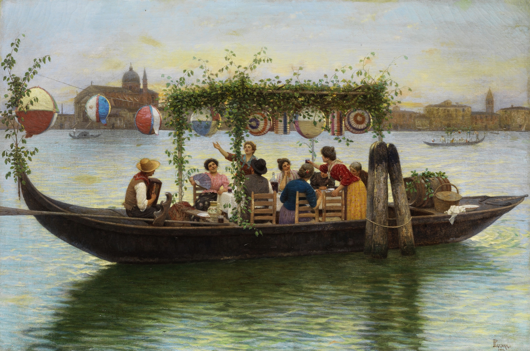 Landscape scene with figures at a festival, oil painting by Luigi Pastega