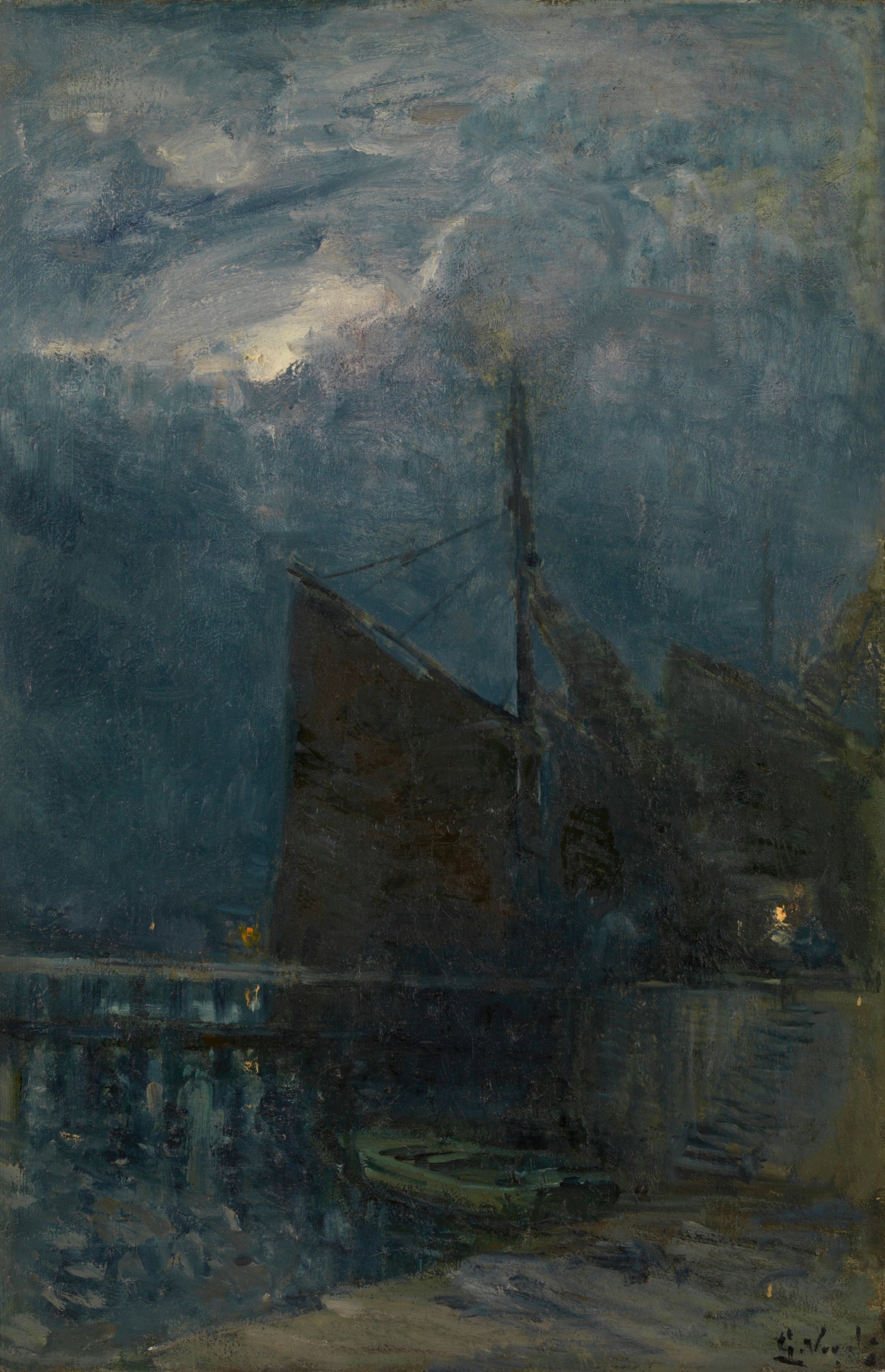 Marine scene of Entrance of a Harbour by Night by Guillaume Vogels, oil painting with moonlight reflecting on water.