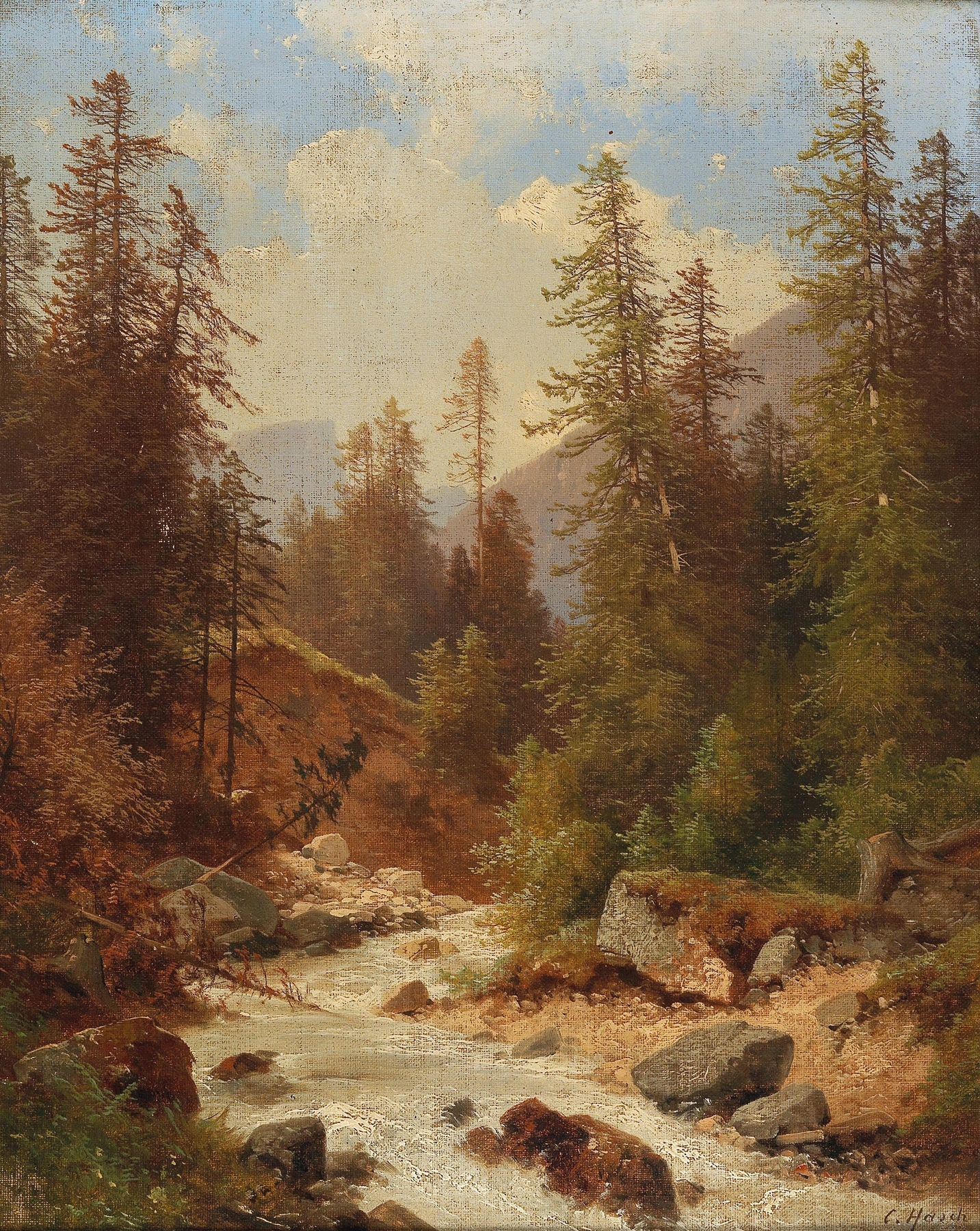 Landscape oil painting by Carl Hasch depicting a river at dusk