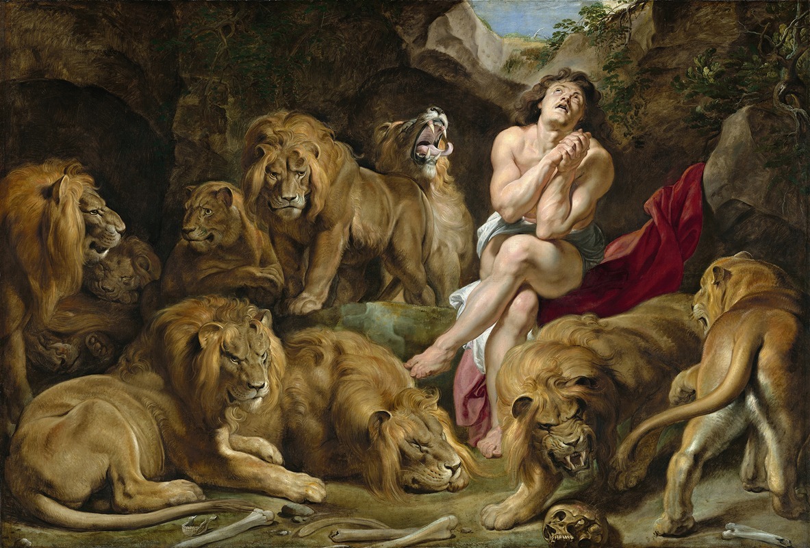 Daniel in the Lions’ Den depicts a biblical scene with Daniel surrounded by lions.
