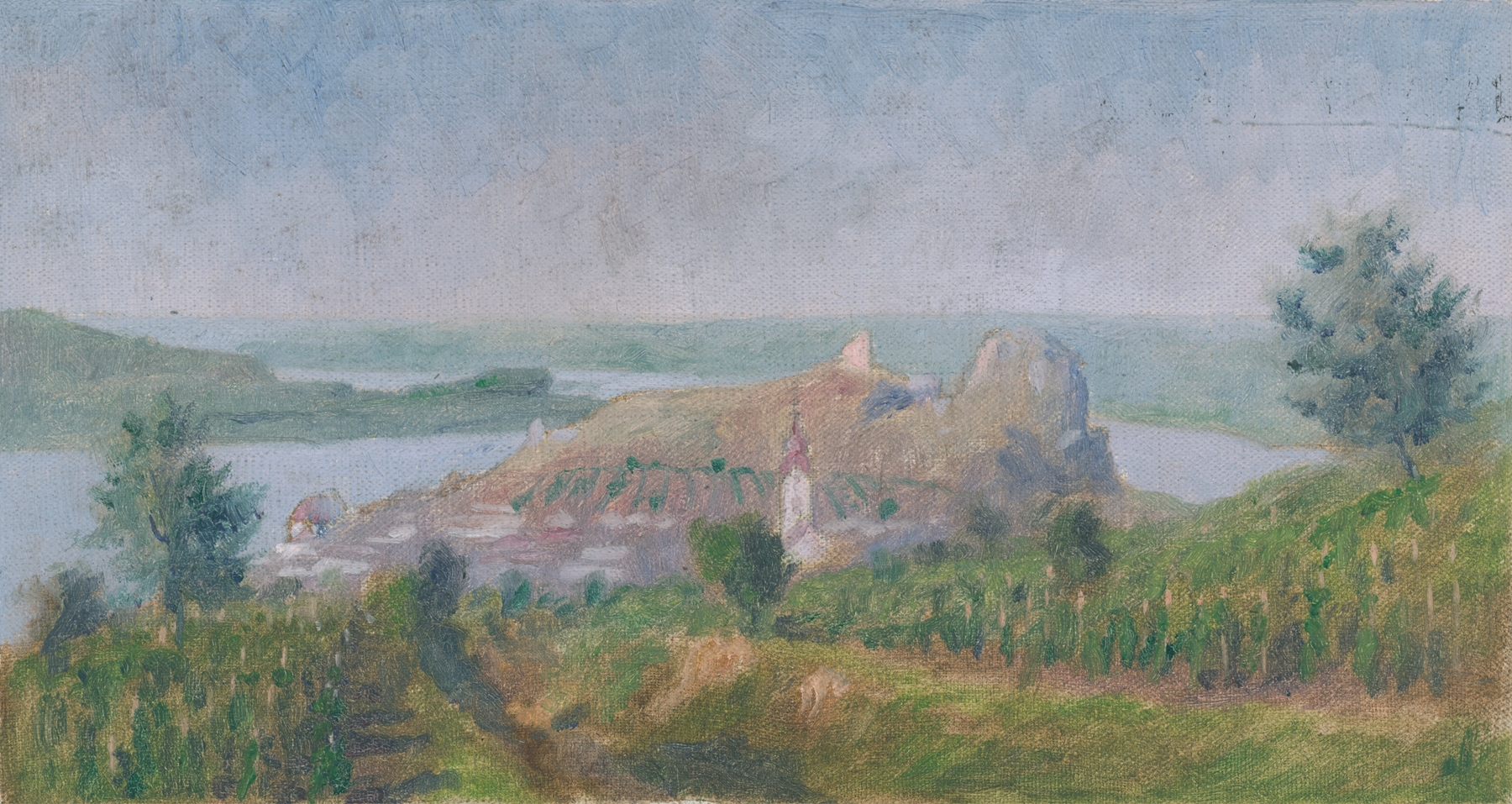 Seascape by Dezider Czölder, impressionist oil painting depicting calm sea and horizon.