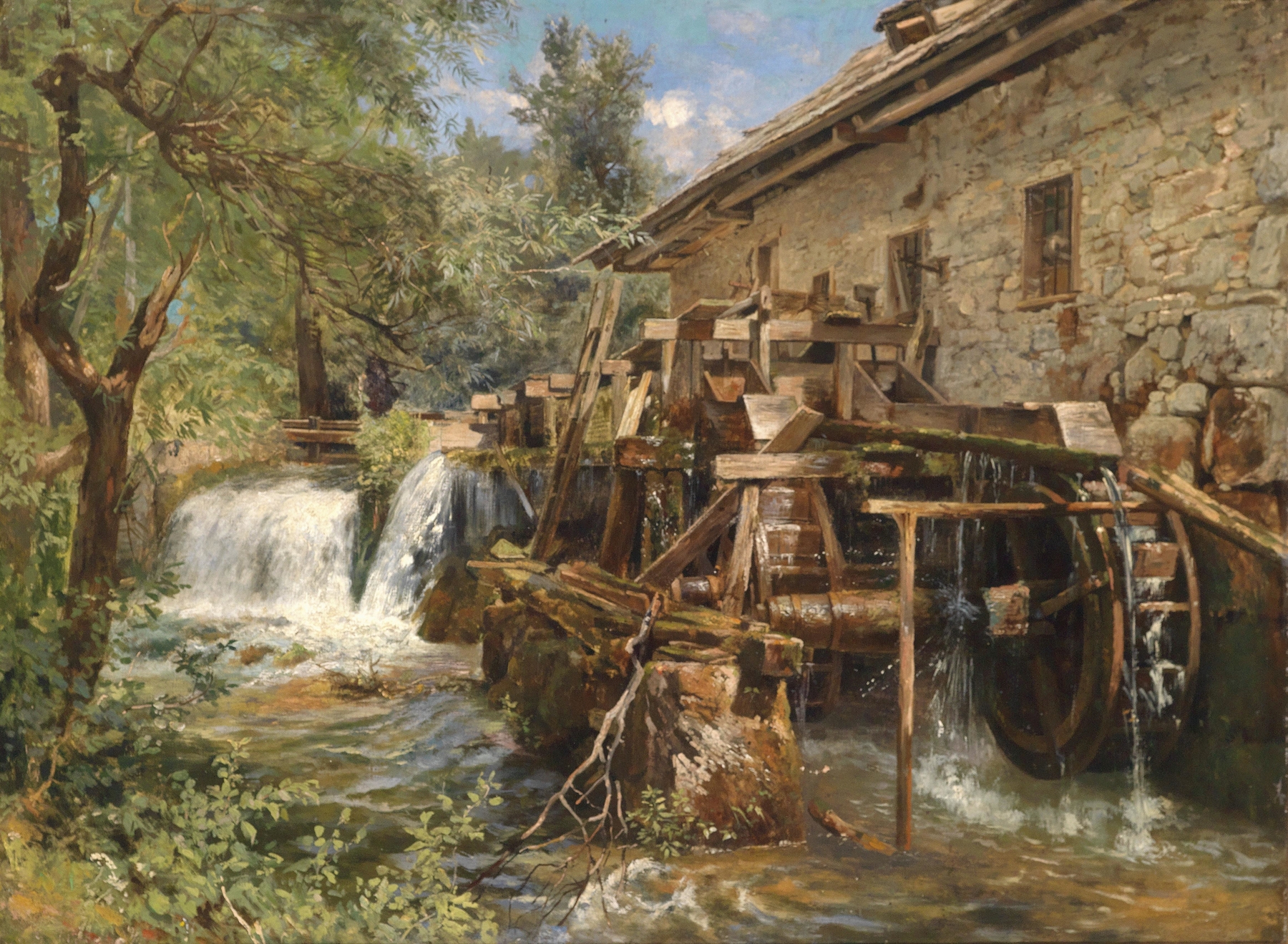 Landscape oil painting by Georg Holub depicting a river meeting the shore at dusk.