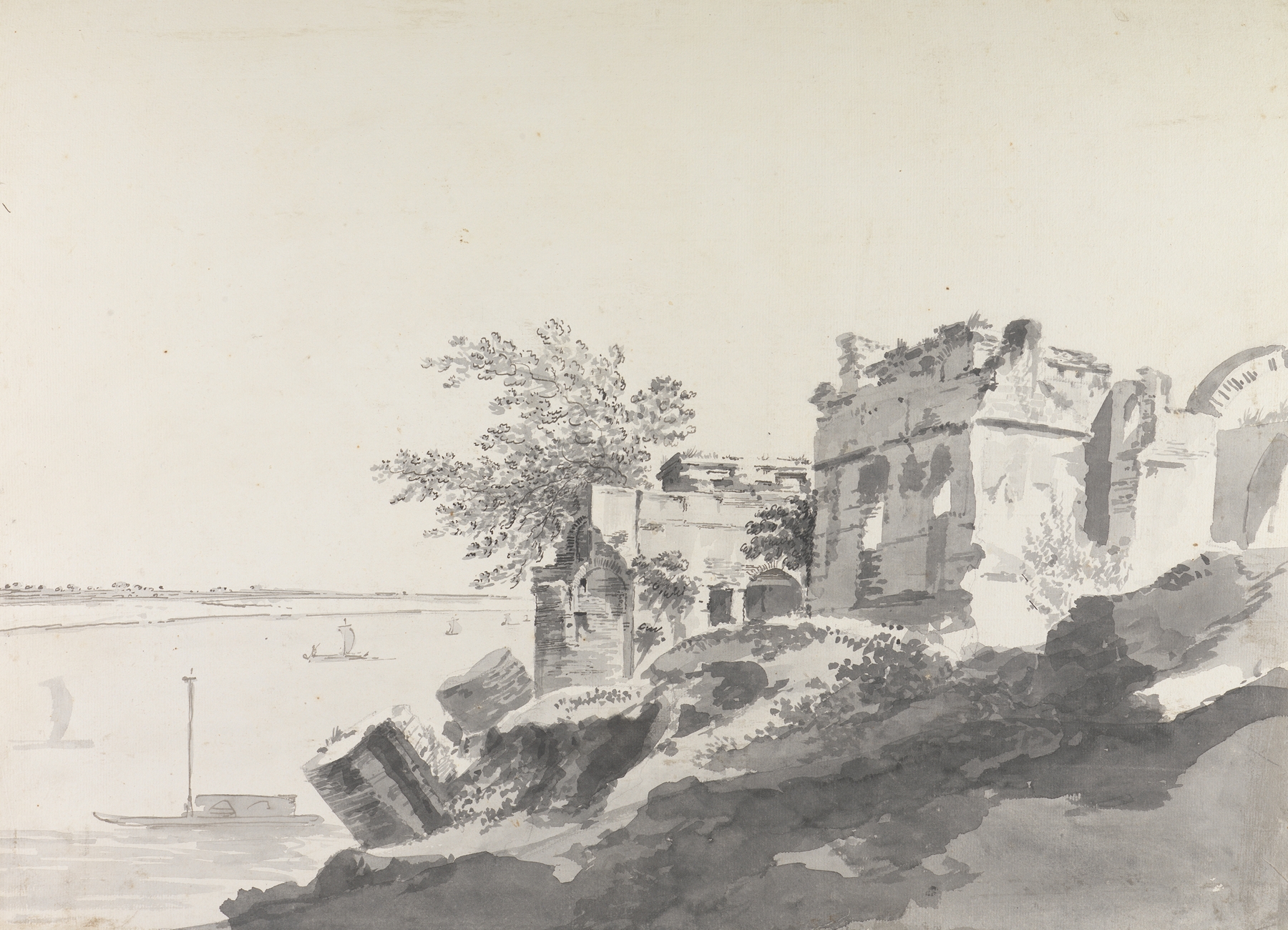 Original drawing by William Hodges, ink on paper, depicting a serene landscape with foliage.