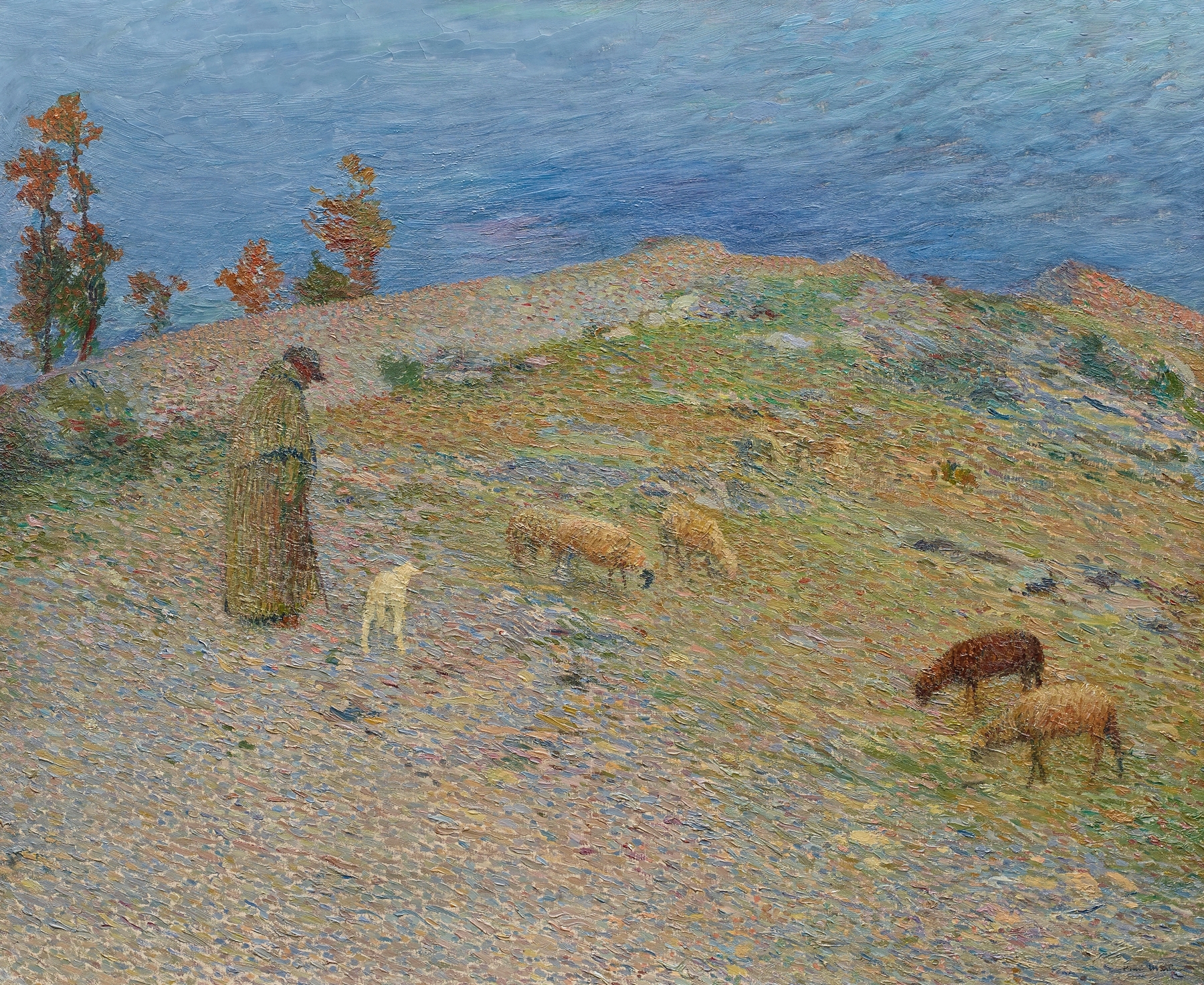 Landscape with a shepherd and sheep, oil on canvas by Henri Martin
