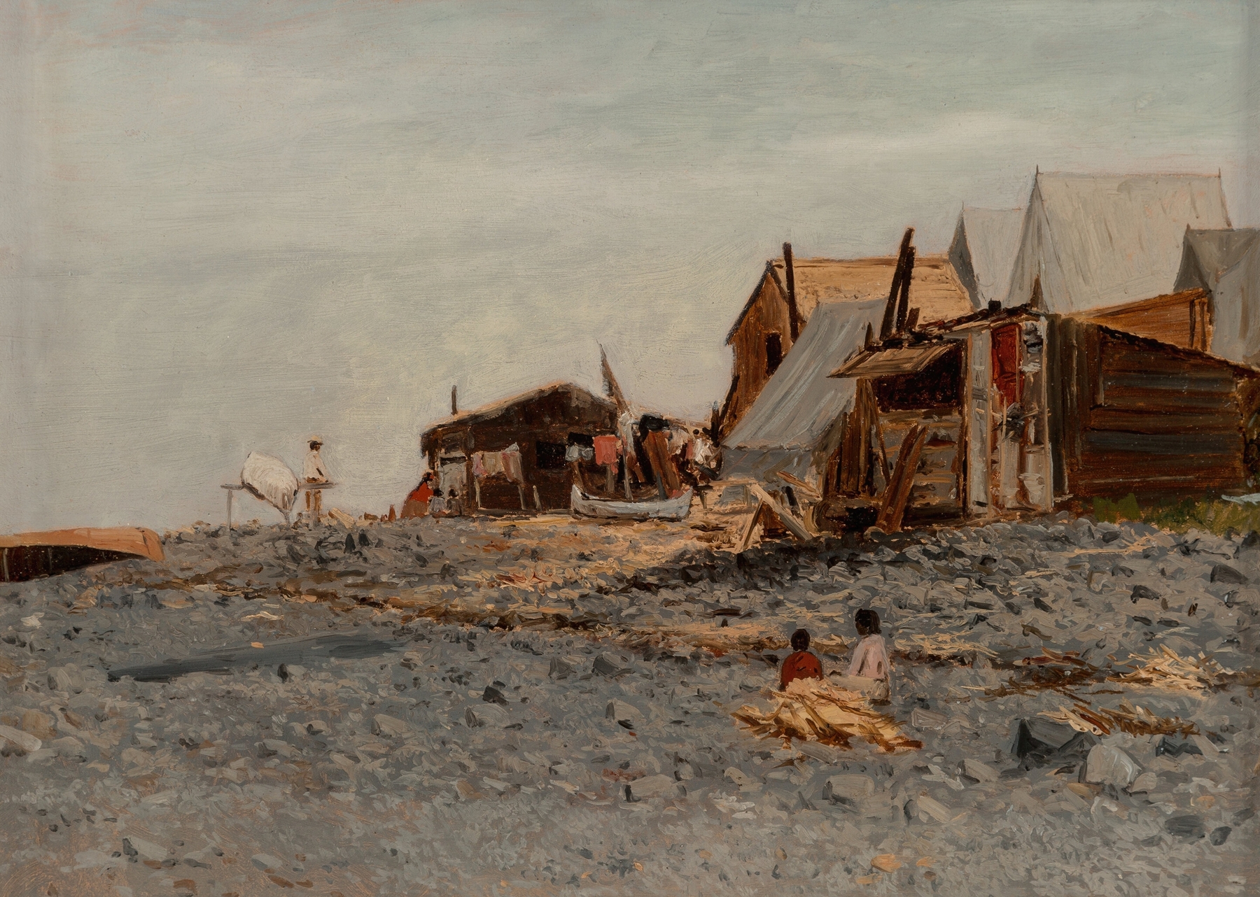 Salmon Fishery Village by Albert Bierstadt, oil on canvas depicting a fishing boat on a river.