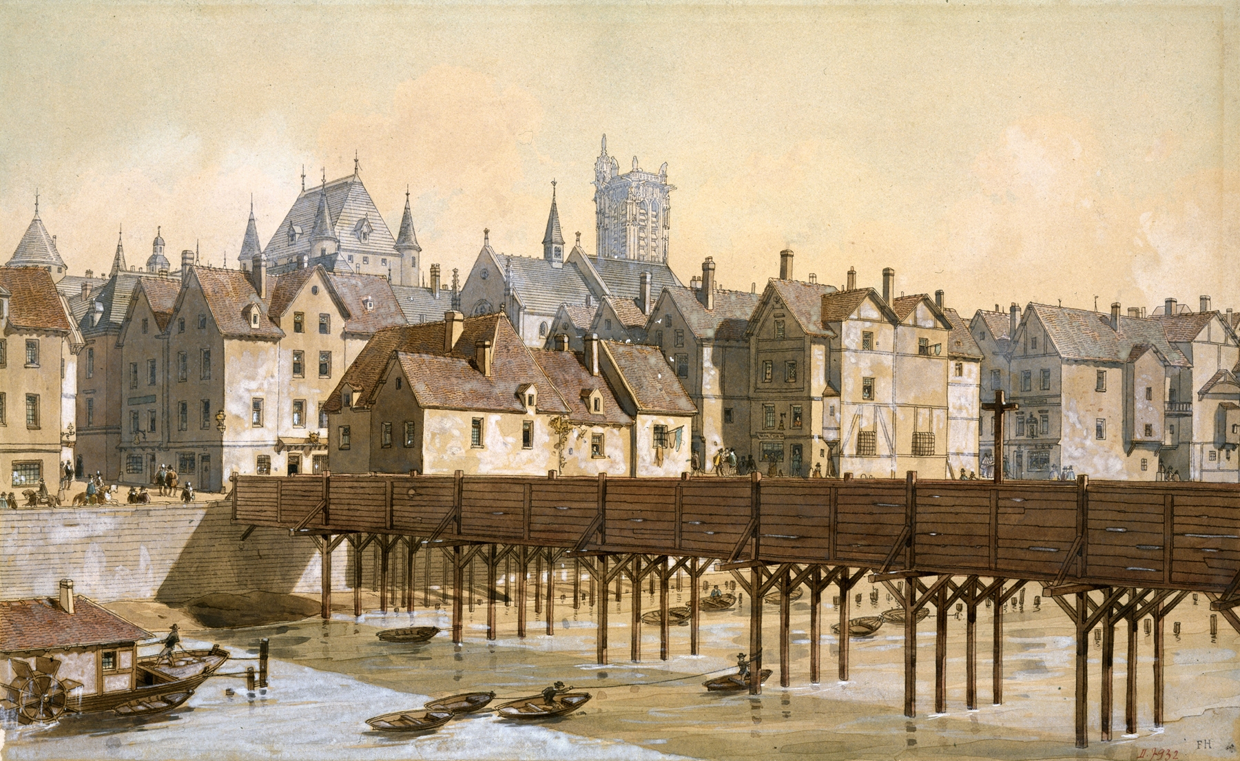 Modernism artwork by Fédor Hoffbauer depicting architecture and a bridge, oil painting