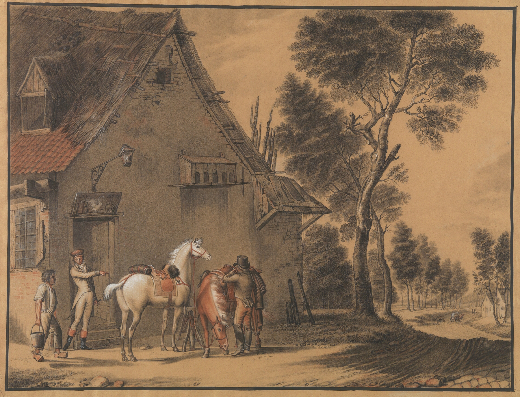 A Halt at the Inn by Eugène Joseph Verboeckhoven, oil painting depicting weary travelers at an inn.