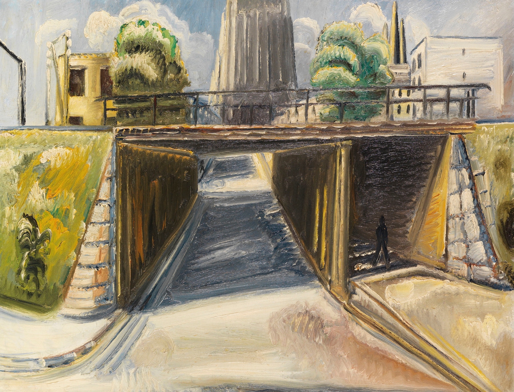 Figurative expressionism by Paul Kleinschmidt, Unterführung in Ulm, depicting urban figures and shadows.