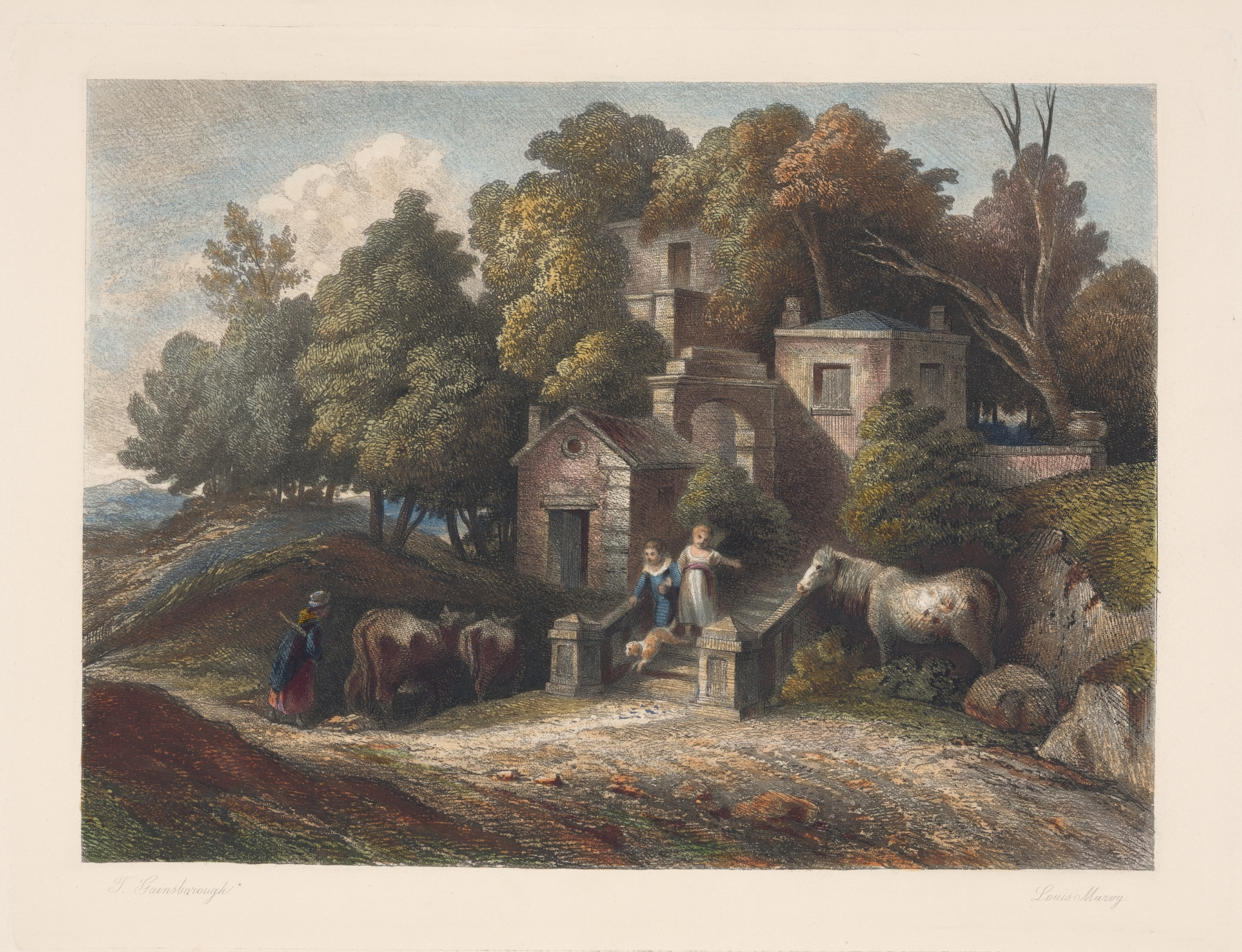 Landscape with a villa by Louis Marvy, oil on canvas depicting a tranquil sunrise over lush greenery.
