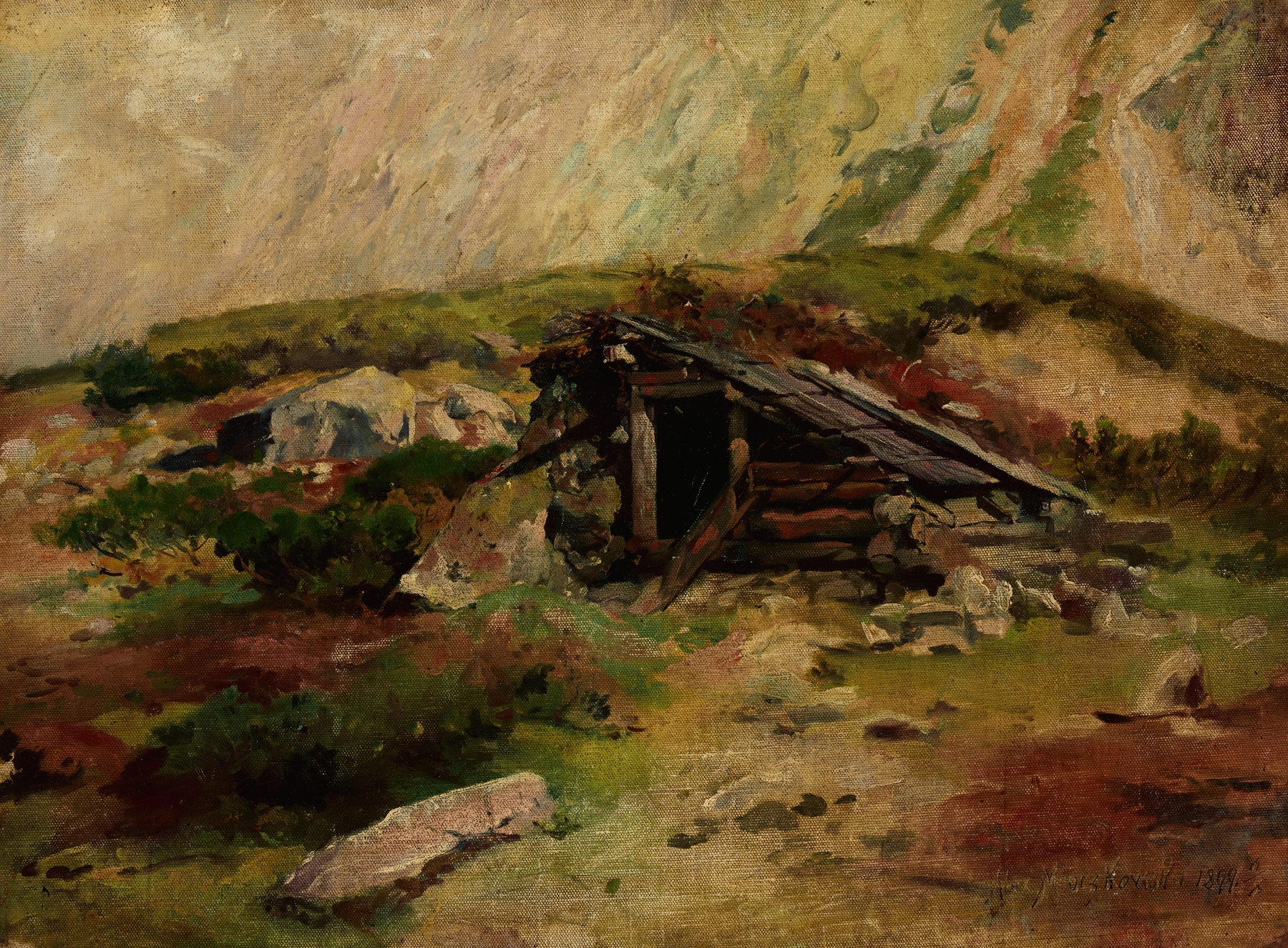 Hut in the Tatra Mountains by Aleksander Mroczkowski, oil on canvas, depicting a rustic hut against mountains.