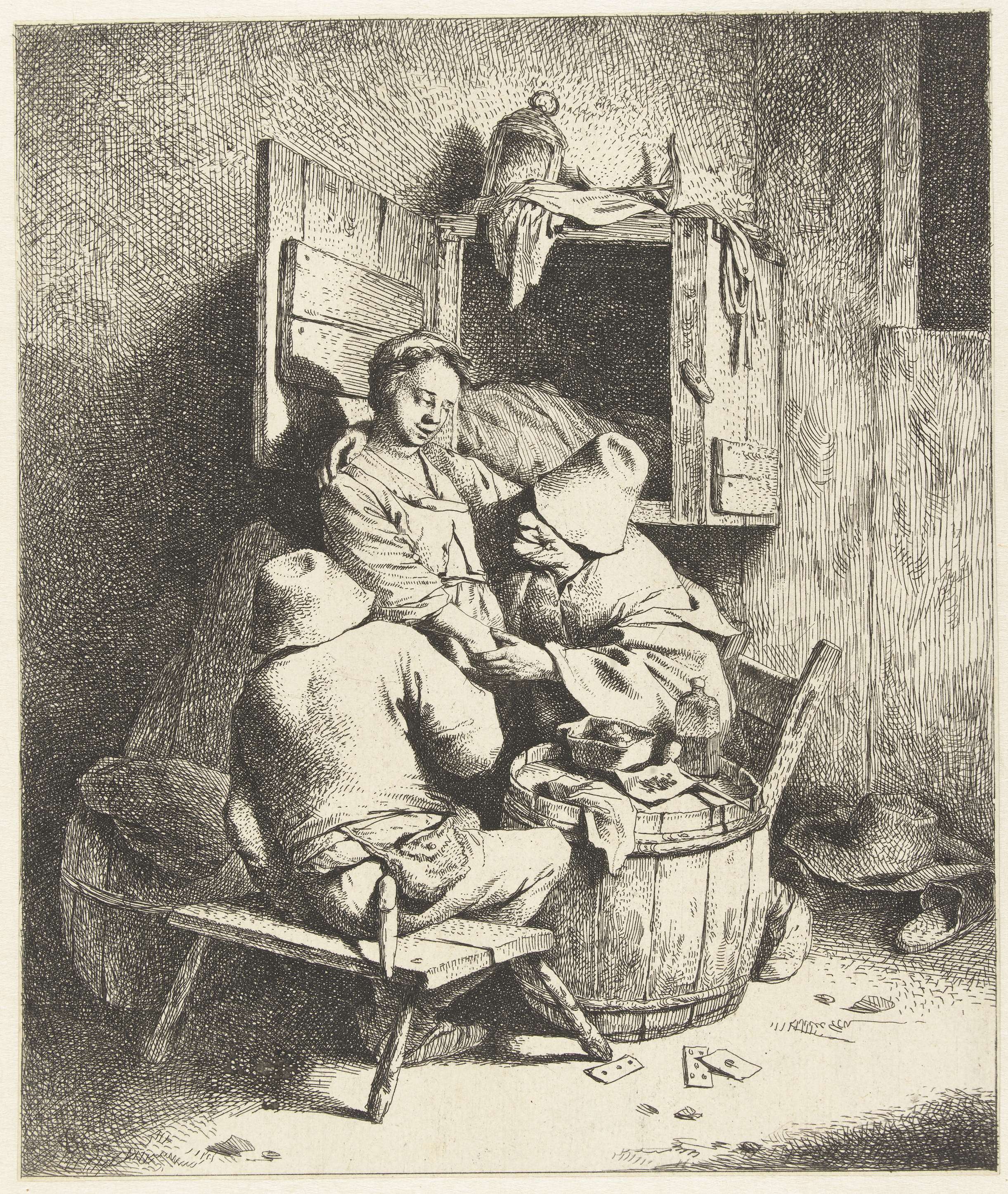 Etching by Cornelis Pietersz. Bega showing a woman and two men in a tavern