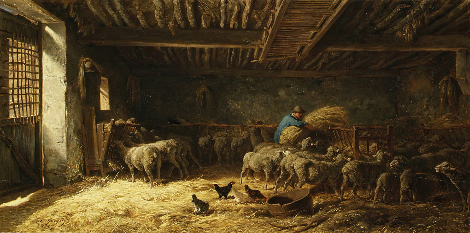 The Sheepfold by Charles Emile Jacque, oil painting of a shepherd tending his flock in a tranquil countryside.