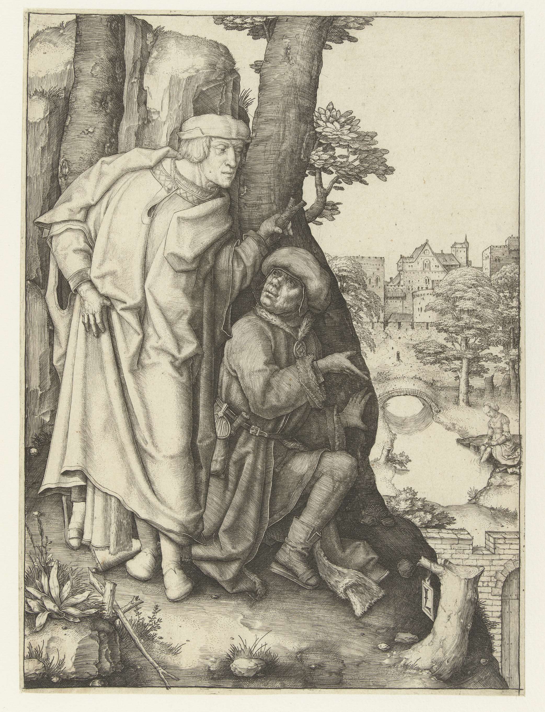 Engraving by Lucas van Leyden showing Susanna bathing while two elders watch