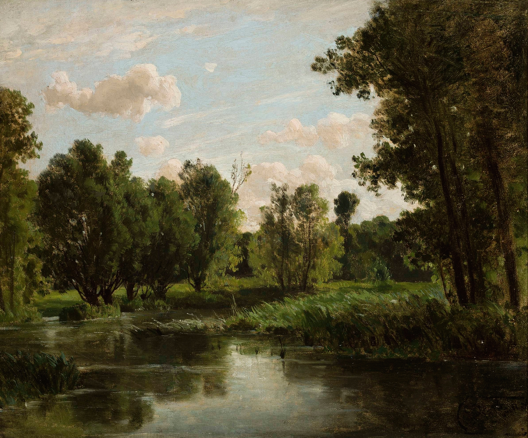 Lake in the forest by Józef Szermentowski, oil painting depicting a tranquil lake surrounded by lush greenery.