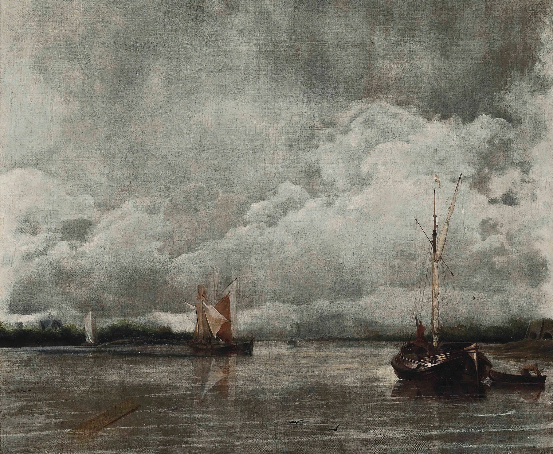 Hoys In A Calm by Hendrick Jacobsz. Dubbels, oil on canvas depicting boats on calm water