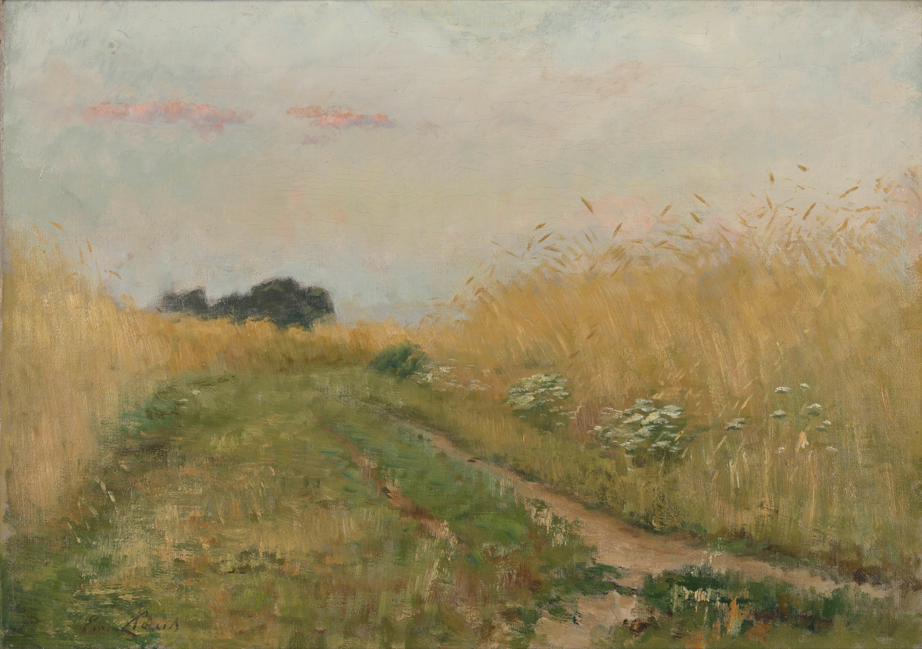 Oil painting by Emile Claus depicting a wheat field under golden light.