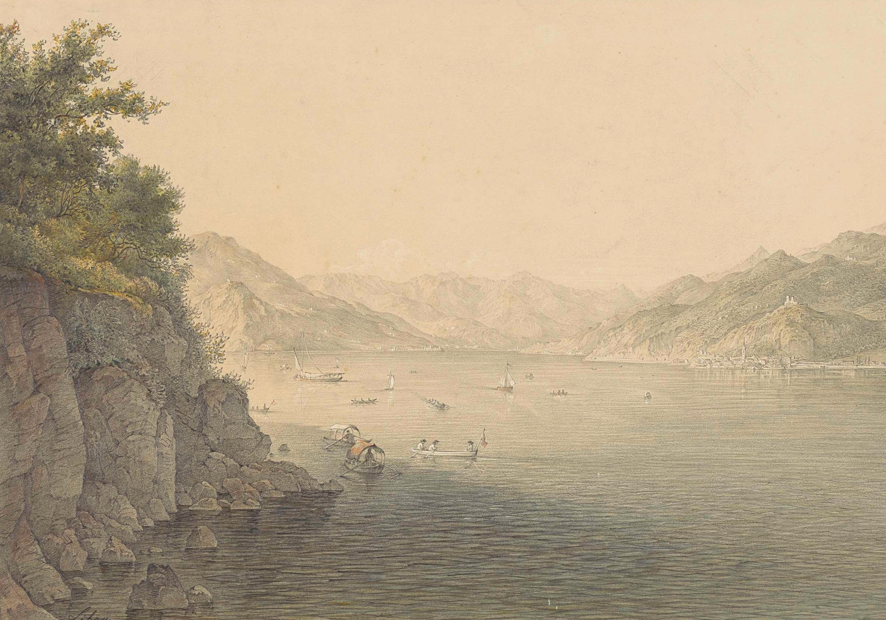 Varenna aan het Comomeer by Karoly Lajos Libay, oil painting depicting a serene lake landscape.