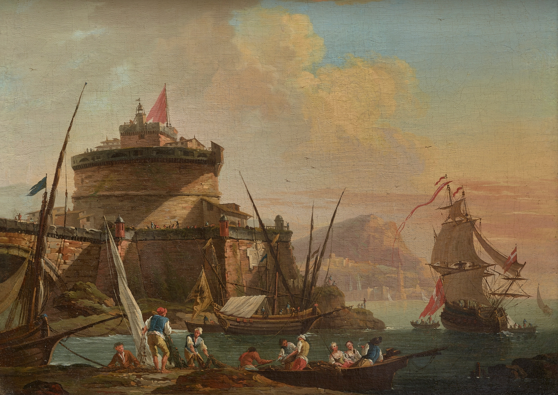Harbor Scene at Sunset, by Charles-François Grenier De Lacroix, public domain