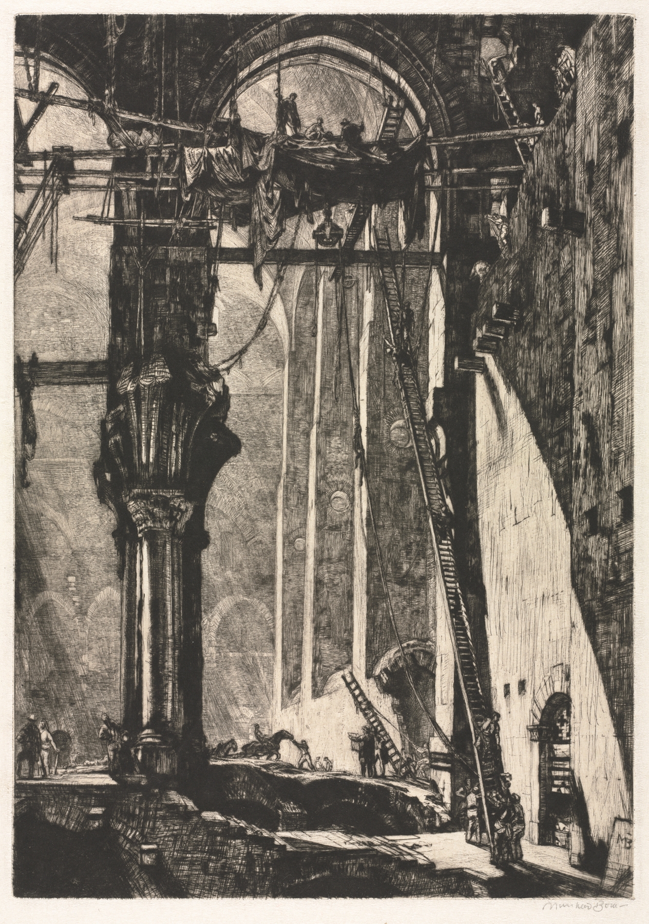 Demolition of St. James Hall, Interior, by Muirhead Bone, public domain