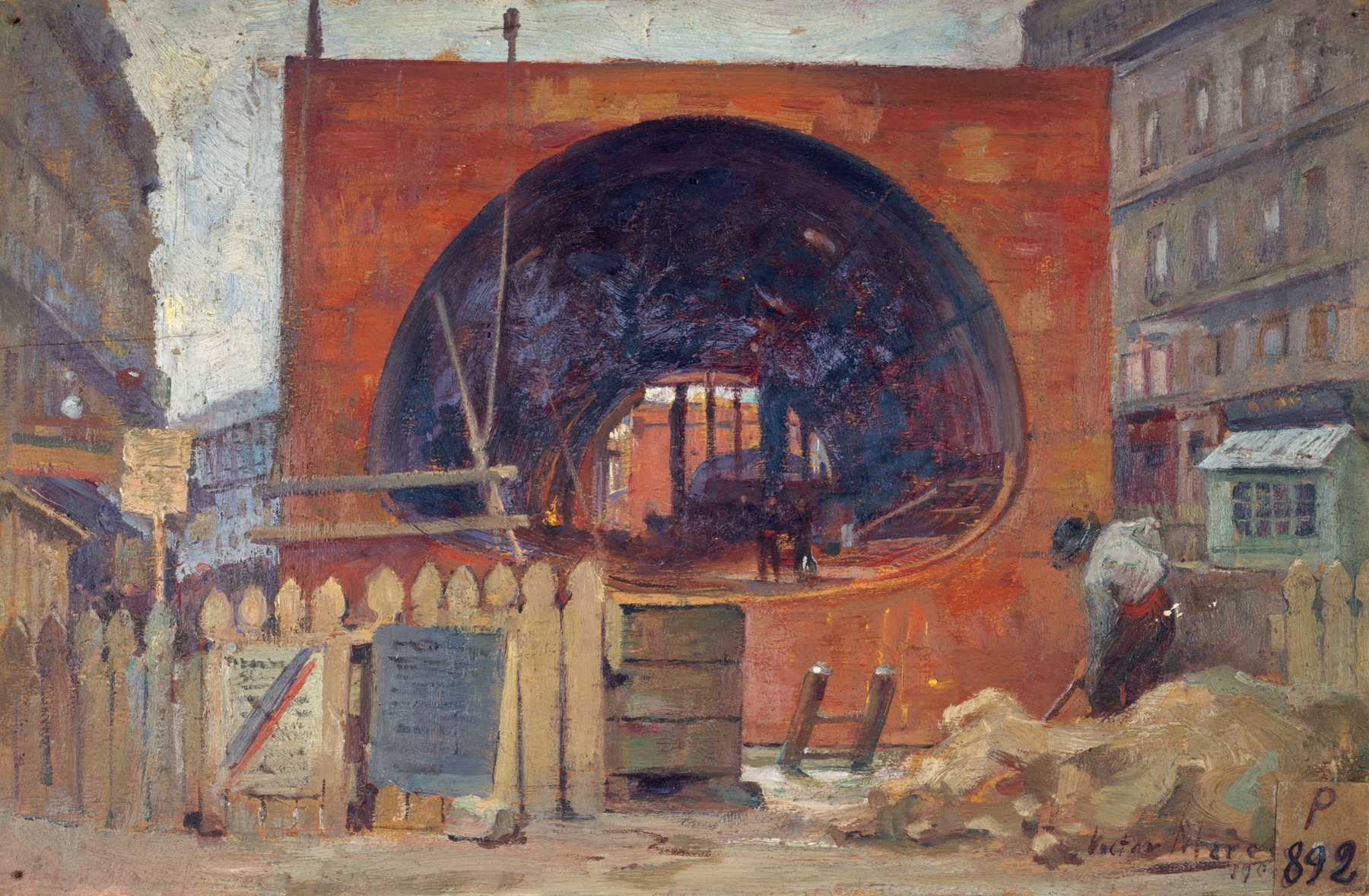 Genre scene of workers in a tunnel with lanterns, oil on canvas by Victor Marec