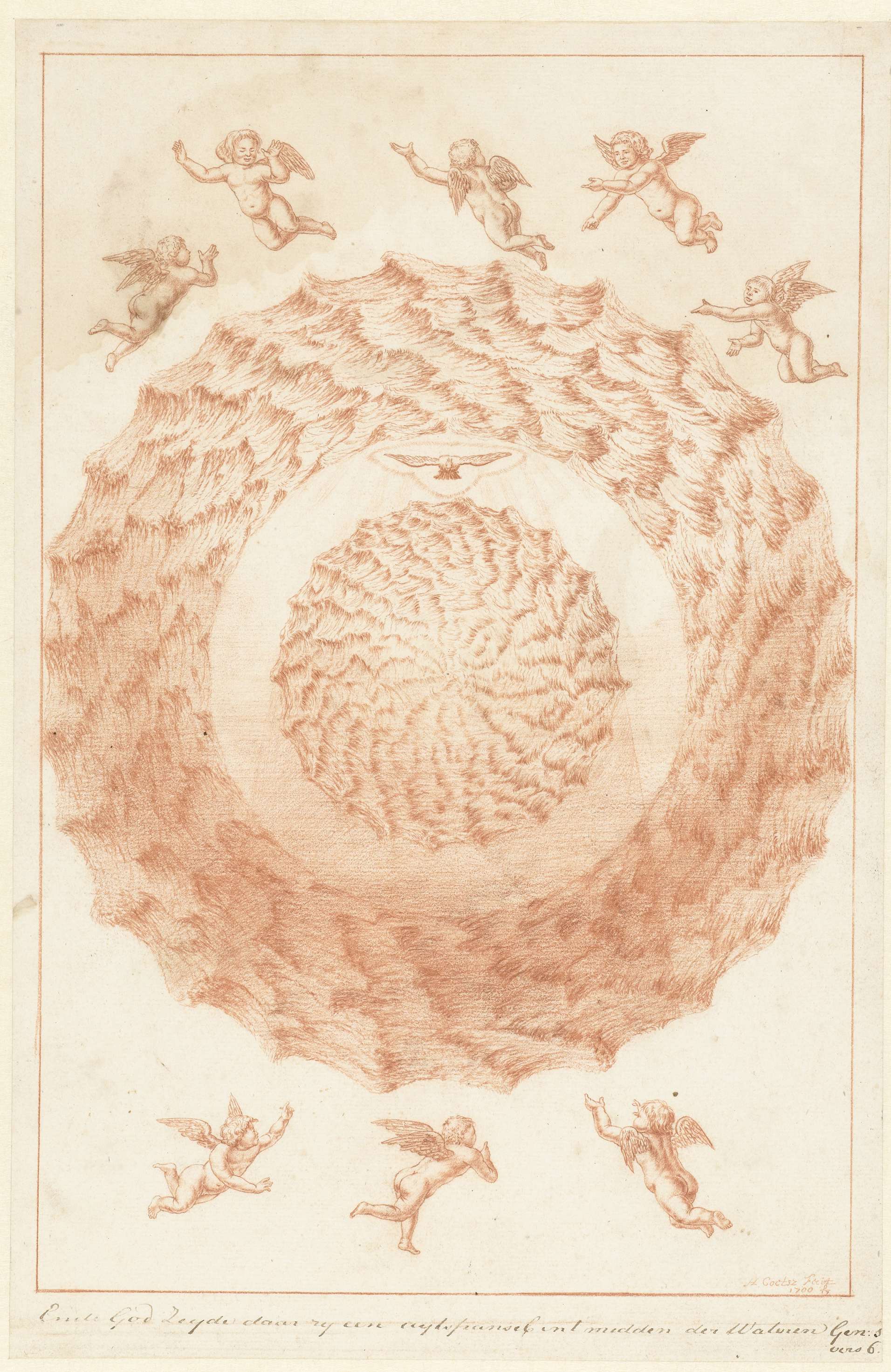 Celestial landscape with swirling clouds, by Herman Coets, paper medium