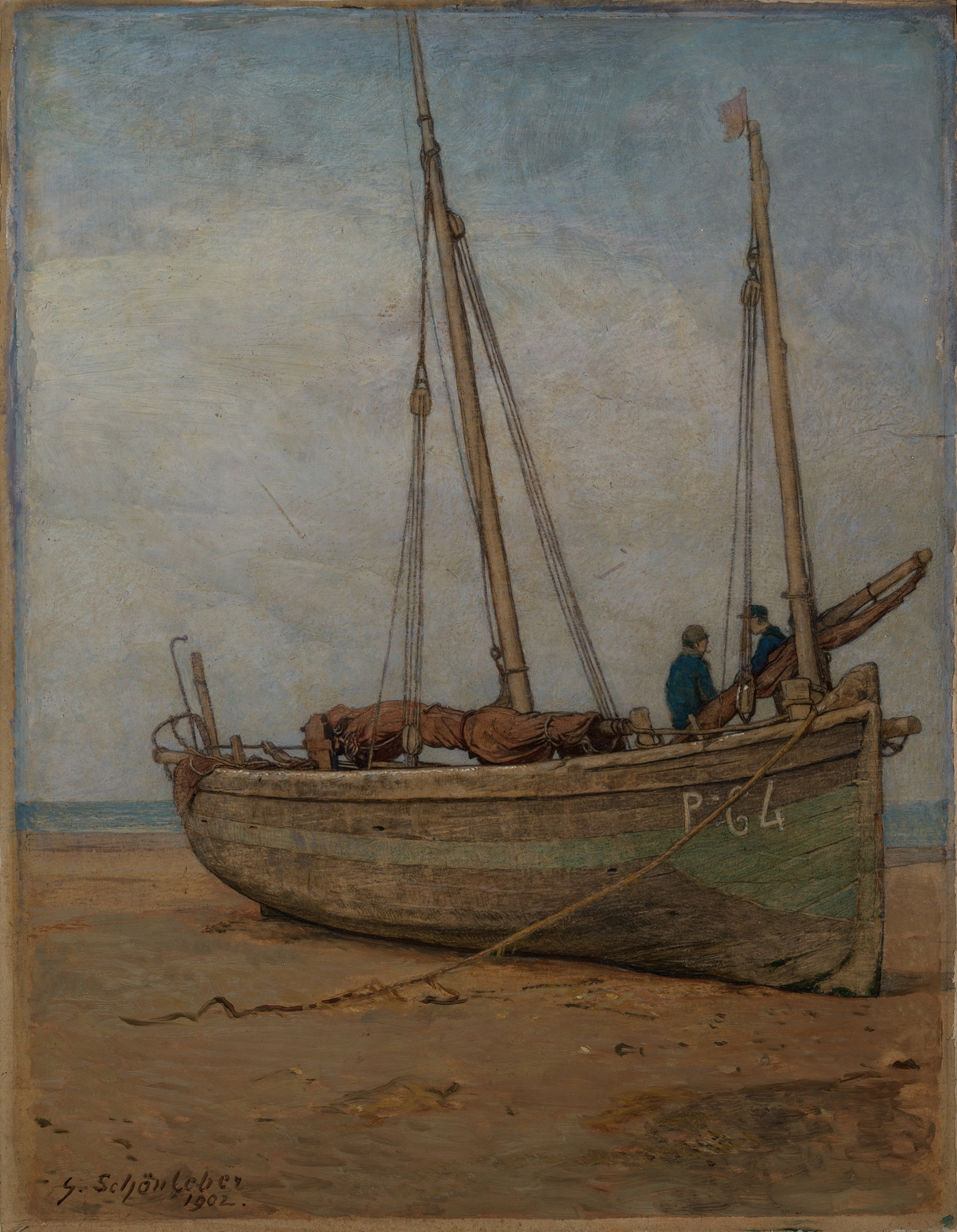 Fishing boats on a beach at low tide by Gustav Schönleber, oil painting