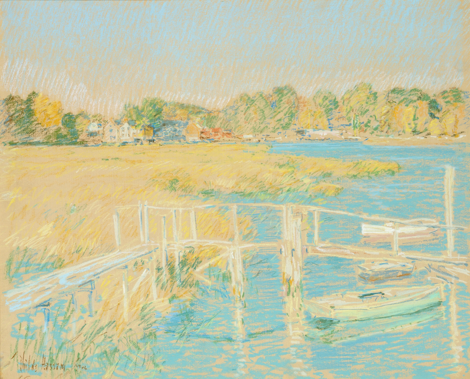Up the River, Late Afternoon, October by Childe Hassam, oil on canvas depicting a tranquil river landscape.