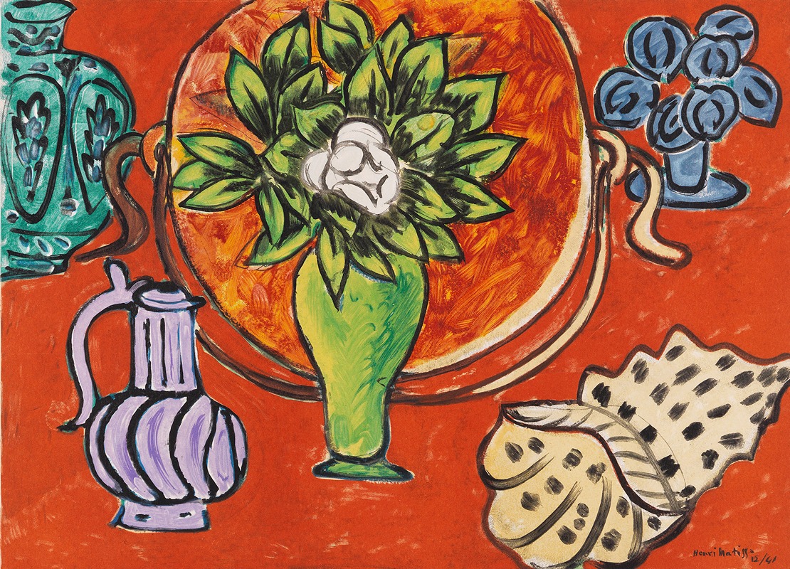 Henri Matisse's 'Nature morte au Magnolia' features vibrant colors and a floral arrangement.